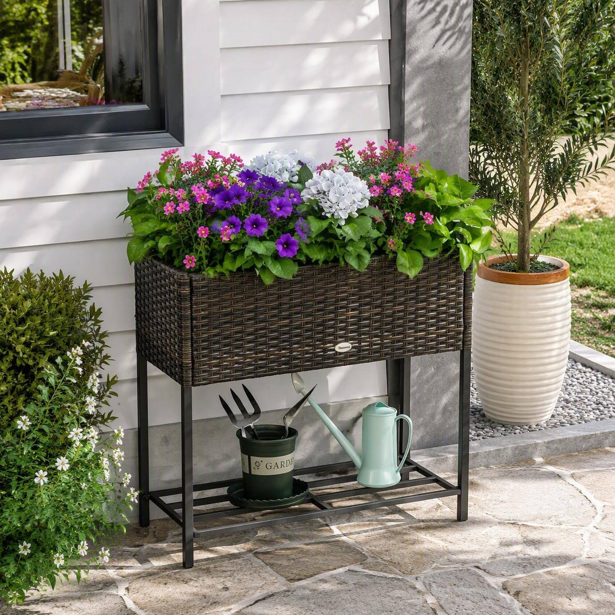 Left. RYHNUYNE - Outsunny Raised Garden Bed, Elevated Planter Box with Rattan Wicker Look, Tool Storage Shelf, Portable Design - Brown.