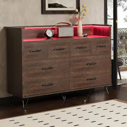 Front. GARVEE - 8 Drawer Modern Dresser, Wide Chest with Storage Drawers for Bedroom, Gaming Setup or Makeup Vanity - Antique Dark Color.
