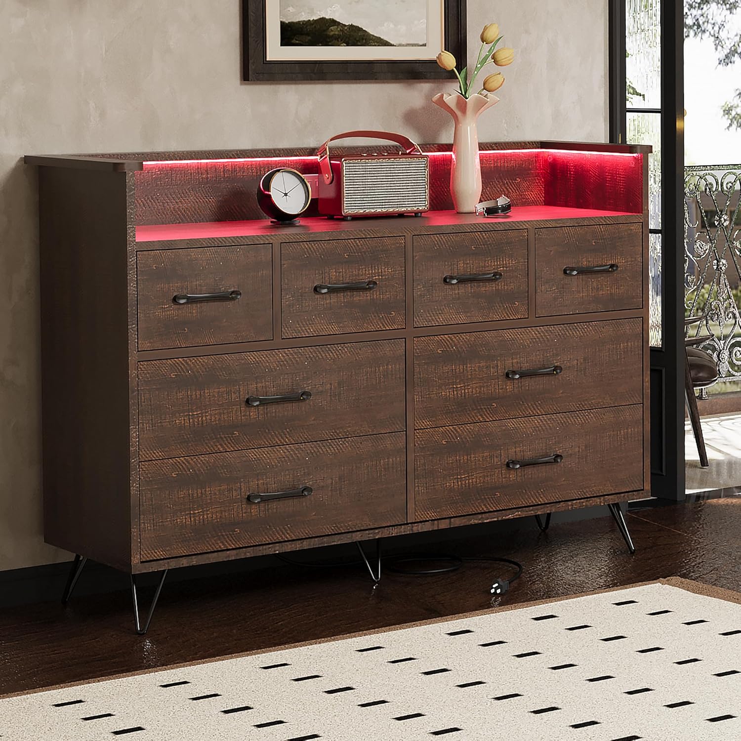 Front. GARVEE - 8 Drawer Modern Dresser, Wide Chest with Storage Drawers for Bedroom, Gaming Setup or Makeup Vanity - Antique Dark Color.