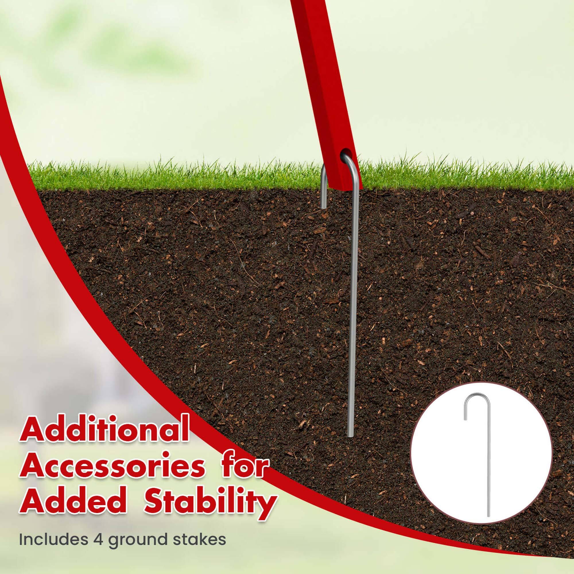 Additional accessories for added stability include 4 ground stakes.