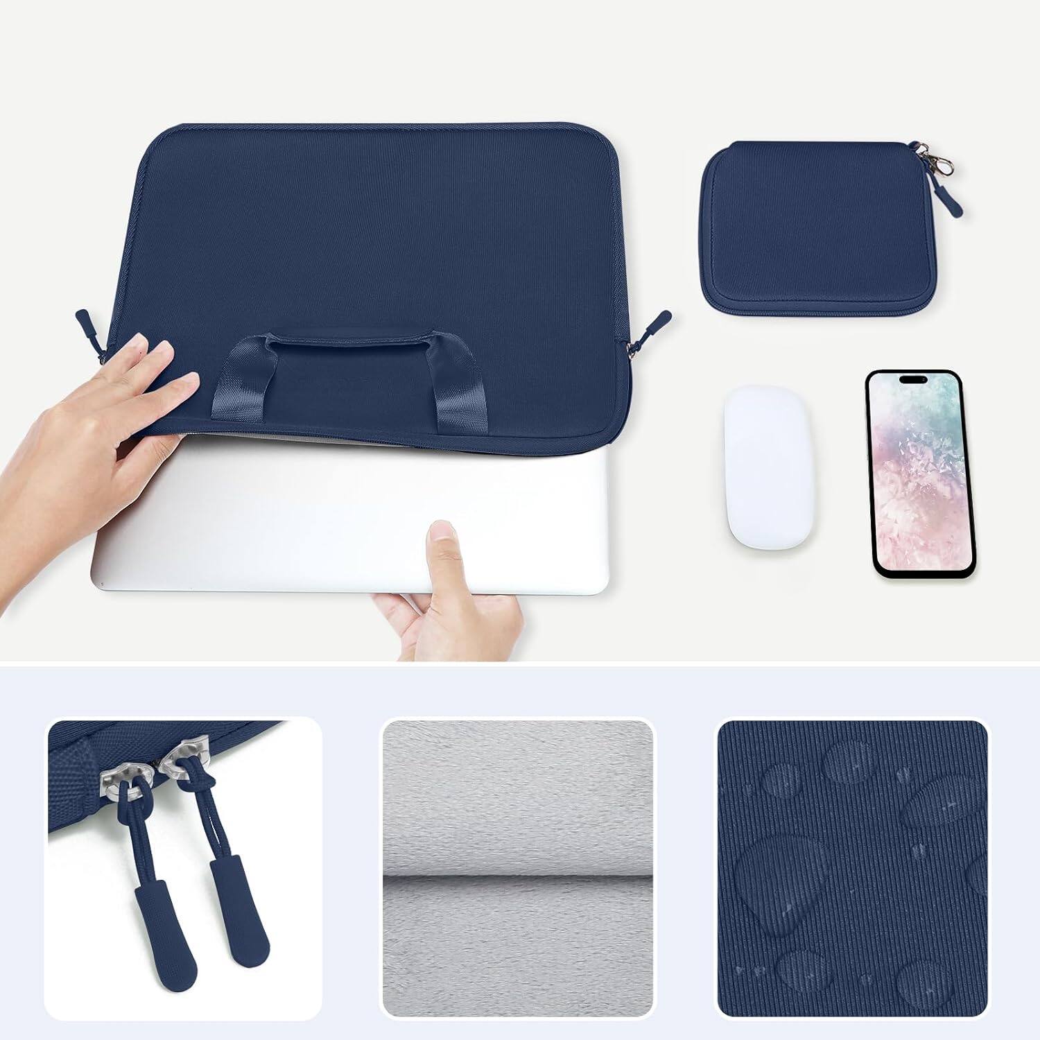 Back. mosiso - Neoprene Laptop Sleeve 13-13.3 inch, Computer Carrying Case with Handle & Pouch for MacBook Air Pro 13 14 HP Dell ASUS - Navy Blue.