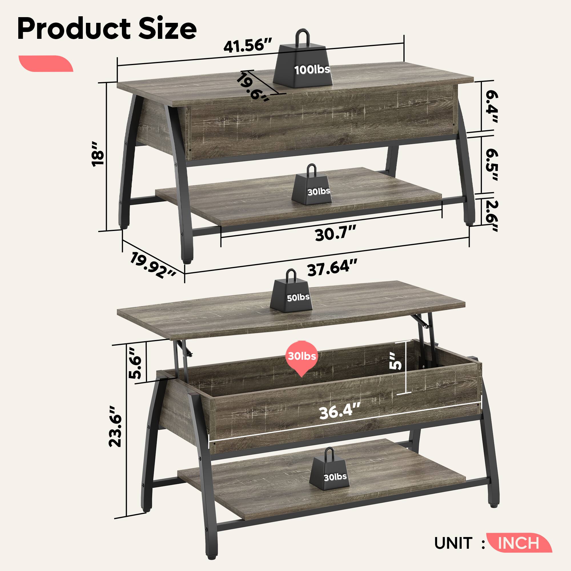 Product Size:
* 41.56" 100lbs
* 19.6" 18" 30lbs
* 30.7" 19.92" 37.64" 50lbs
* 6.4" 6.5" 2.6" 5.6" 23.6" 30lbs
* 36.4" 30lbs 5"
UNIT: INCH