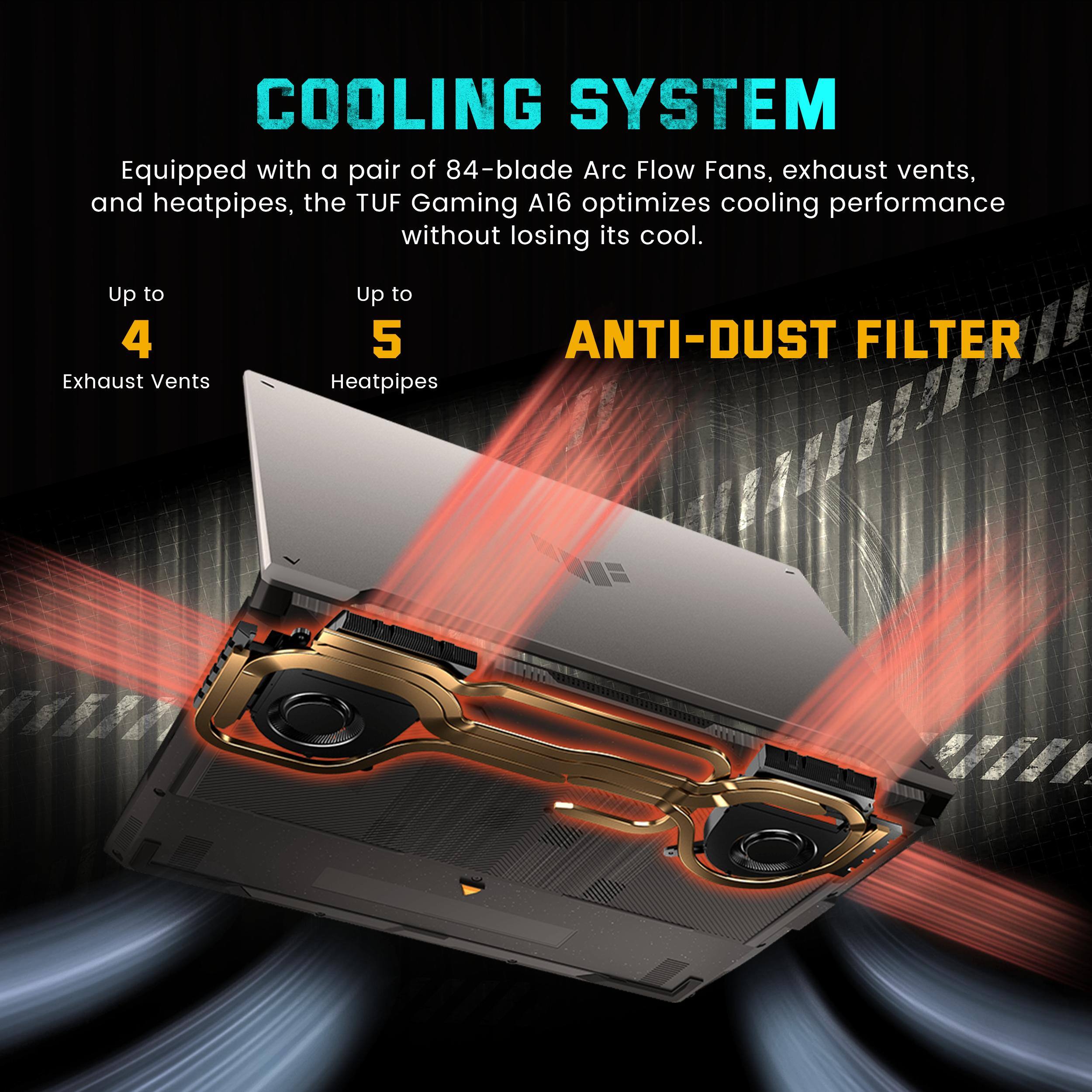 COOLING SYSTEM

Equipped with a pair of 84-blade Arc Flow Fans, exhaust vents, and heatpipes, the TUF Gaming A16 optimizes cooling performance without losing its cool.

Up to 4 Exhaust Vents

Up to 5 Heatpipes

ANTI-DUST FILTER