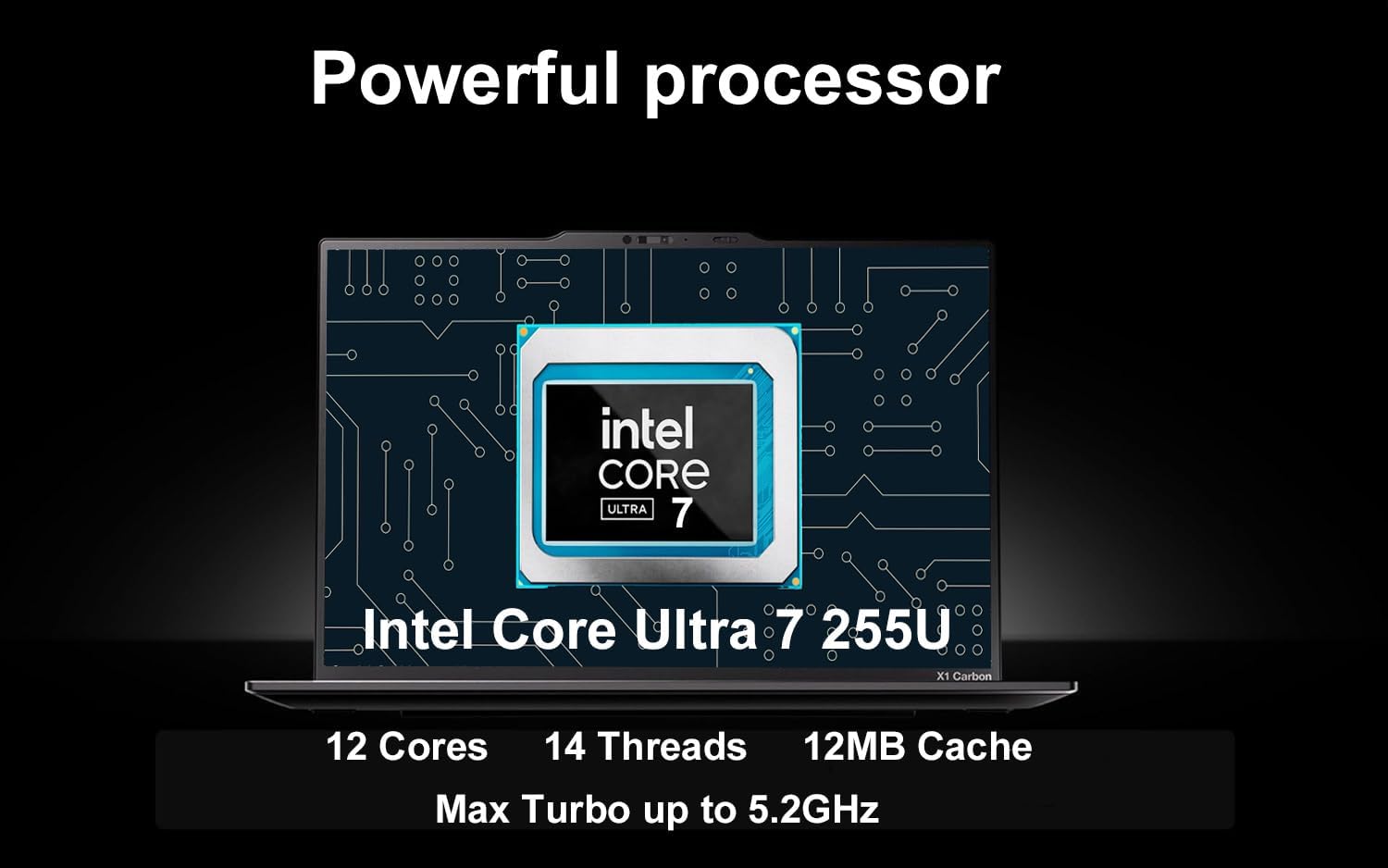 Powerful processor

Intel Core Ultra 7 255U

12 Cores  
14 Threads  
12MB Cache  
Max Turbo up to 5.2GHz
