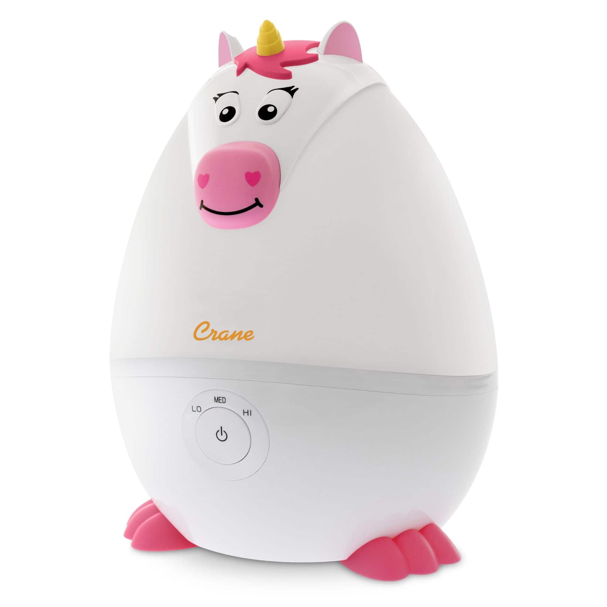 The image features a white and pink Crane egg warmer, which is a small appliance designed to keep eggs warm. The egg warmer is shaped like a cute little pink and white unicorn, making it a fun and unique addition to any kitchen. The unicorn has a smile on its face, adding a playful touch to the appliance. The egg warmer is placed on a white surface, which provides a clean and simple background for the image.