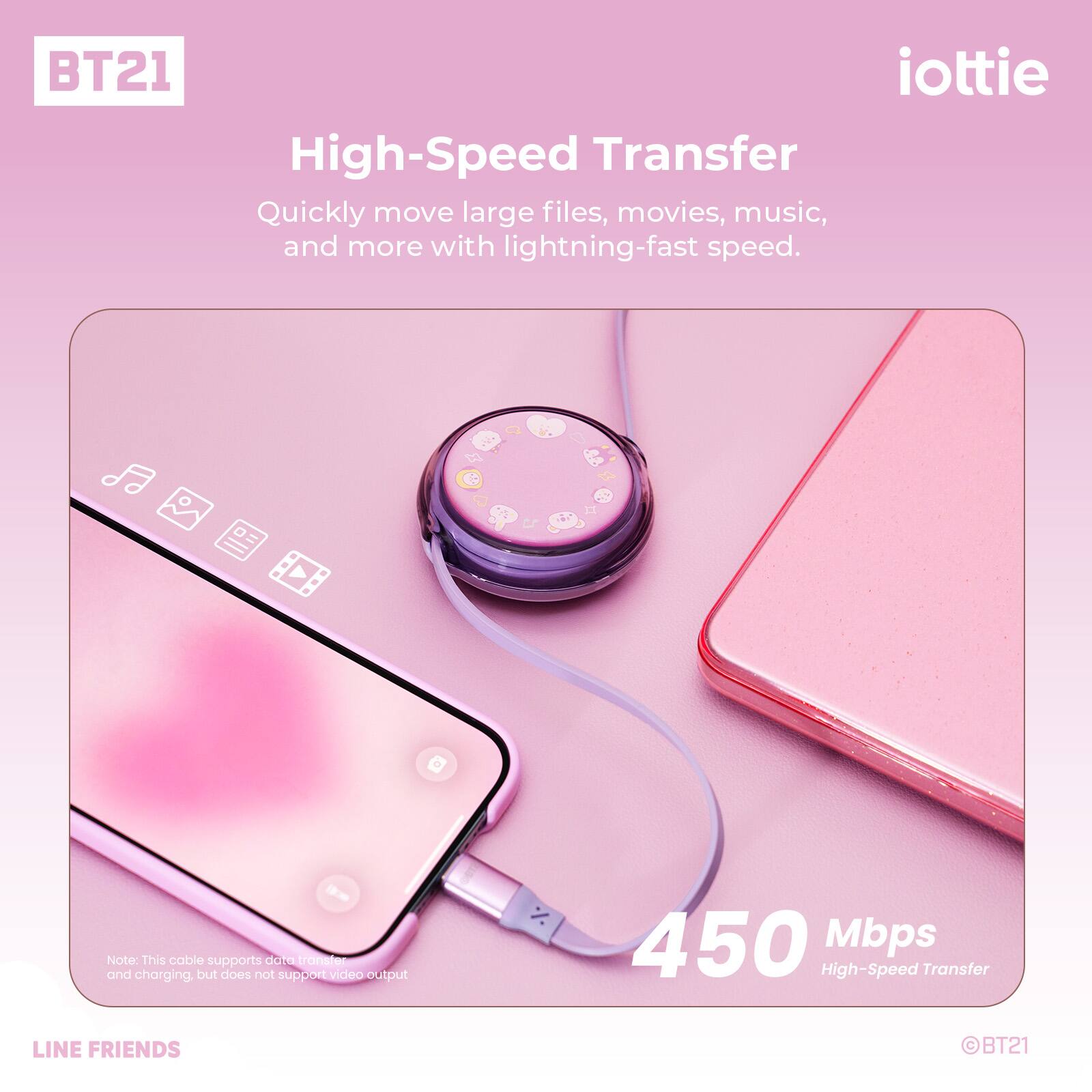 BT21 iottie High-Speed Transfer

Quickly move large files, movies, music, and more with lightning-fast speed.

1 - Note: This cable supports data transfer and charging, but does not support video output

450 Mbps High-Speed Transfer

LINE FRIENDS BT21