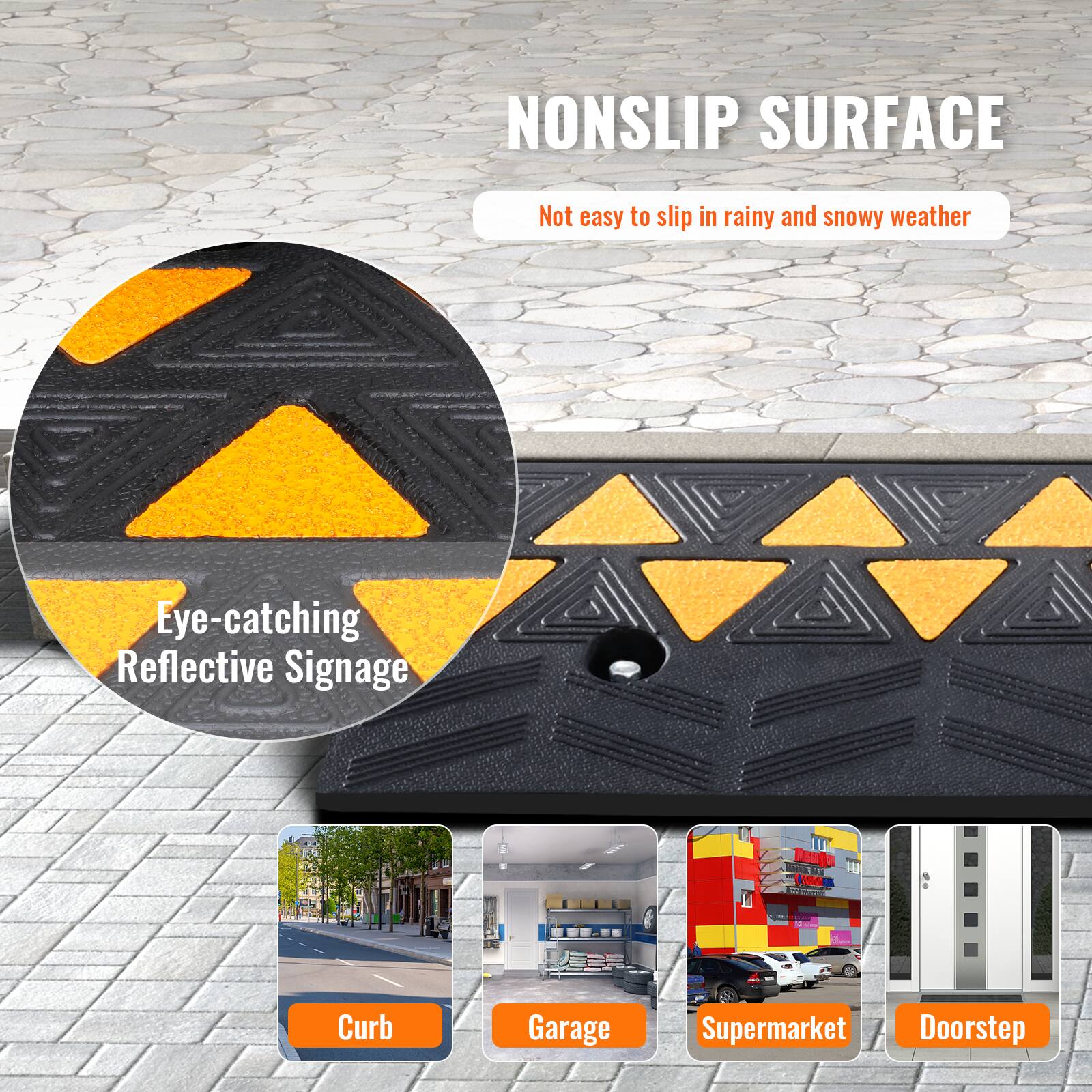 NONSLIP SURFACE  
Not easy to slip in rainy and snowy weather  
Eye-catching Reflective Signage  

Curb  
Garage  
Supermarket  
Doorstep