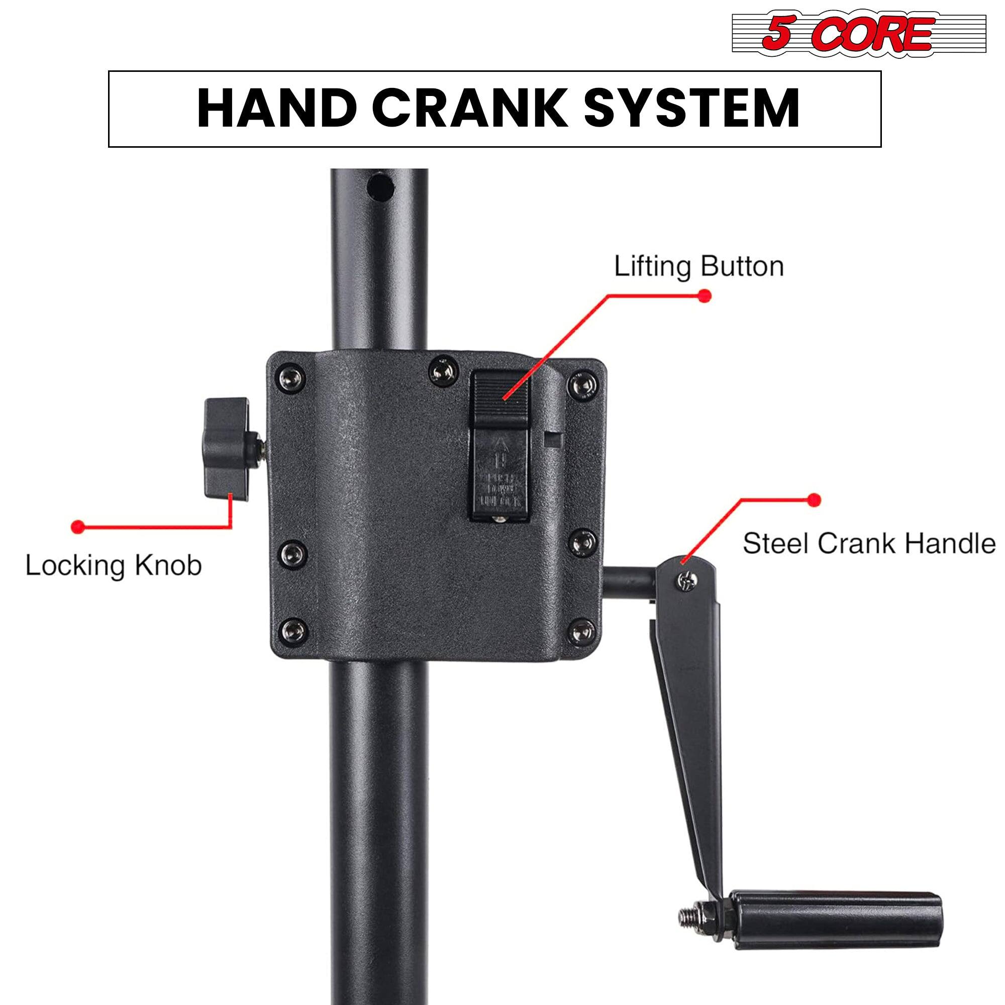The corrected text is:

5 CORE HAND CRANK SYSTEM
- Lifting Button
- Locking Knob
- Steel Crank Handle