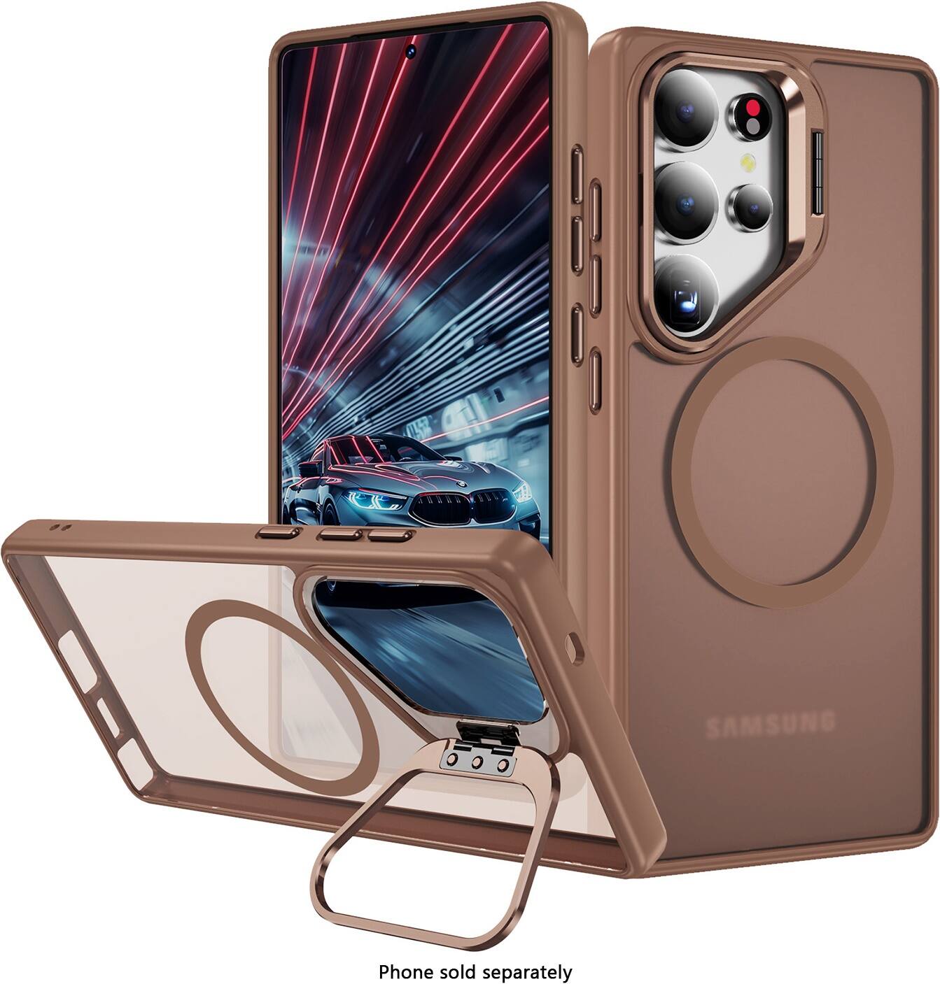 The image shows a Samsung phone with a case and a screen protector. The phone is not sold separately, but rather as a package with the case and screen protector included.