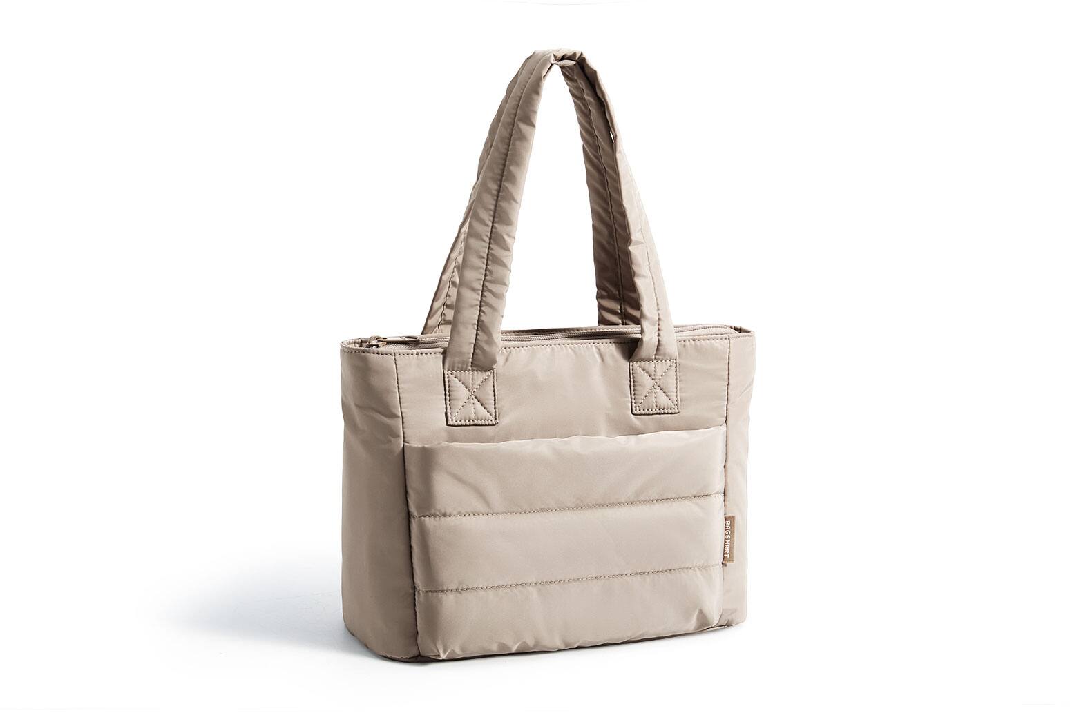 Angle. Bagsmart - Puffer 8.3L Small Tote, Lightweight Water-Resistant Tote with 13.1" Laptop Compartment for Daily Commute - Khaki.