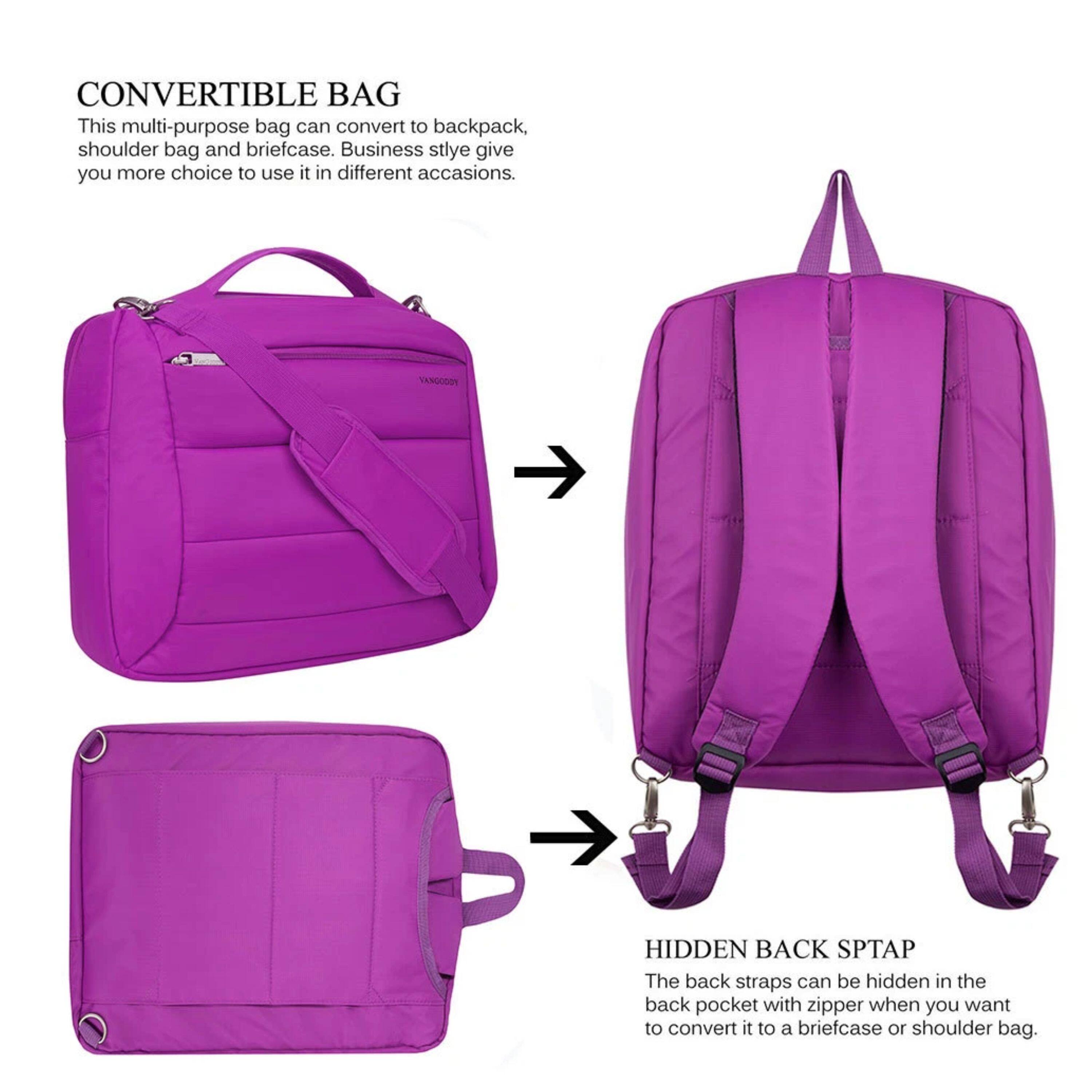 CONVERTIBLE BAG  
This multi-purpose bag can convert to backpack, shoulder bag and briefcase. Business style give you more choice to use it in different occasions.

HIDDEN BACK STRAP  
The back straps can be hidden in the back pocket with zipper when you want to convert it to a briefcase or shoulder bag.