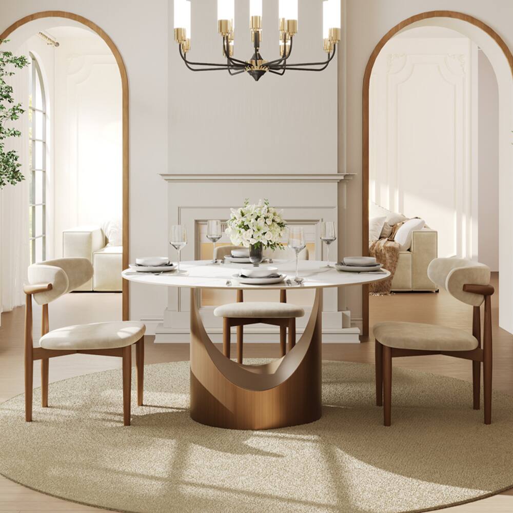 Angle. POVISON - 47" Round White Matte Sintered Stone Dining Table with Bronze U-shaped Steel Base - White Matte Sintered Stone with Bronze Steel Base.