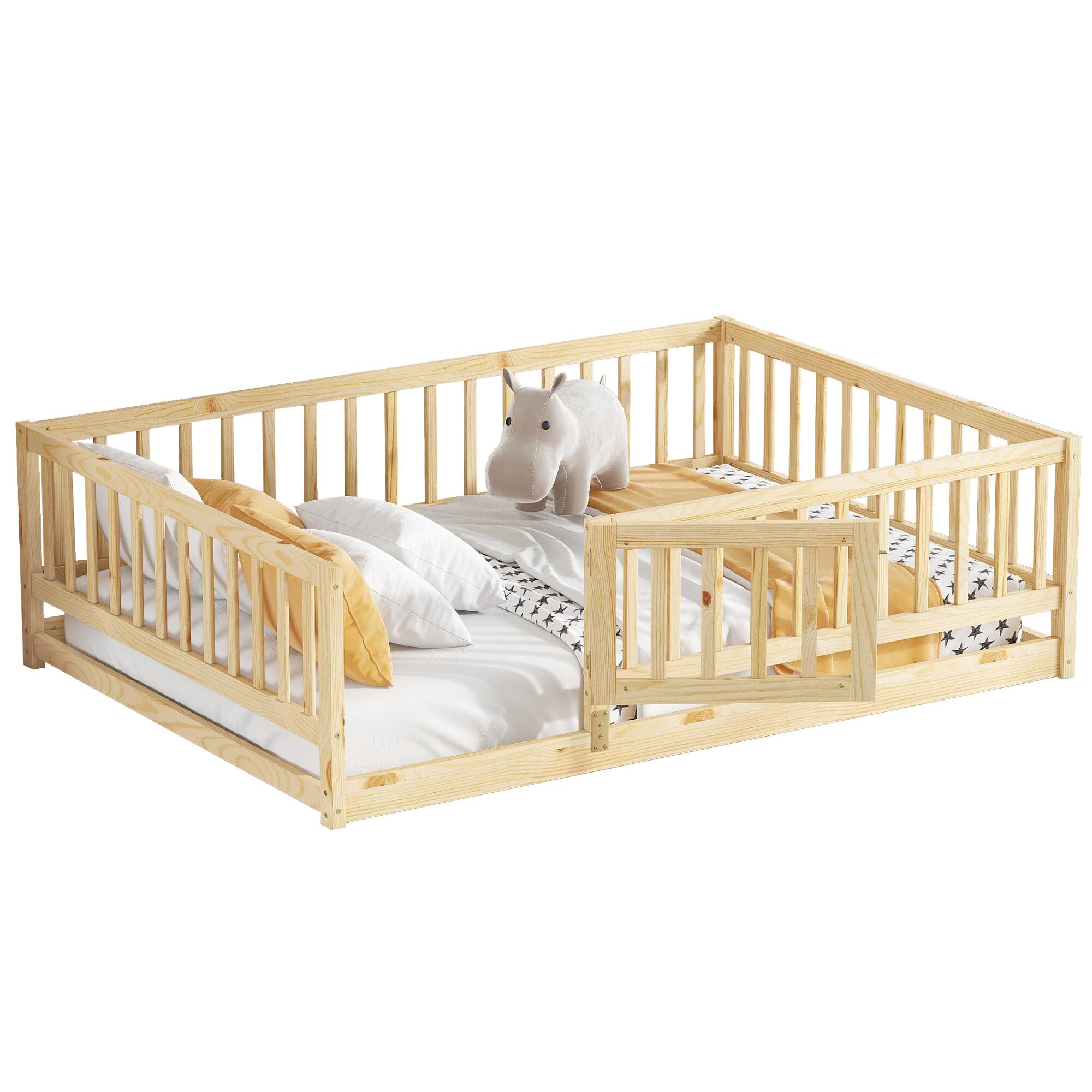 Back. Tiramisubest - Full Size Floor Bed with Slats, Floor Bed with Fence and Door, Kids Bed Full Size, Wood Floor Bed for Kids, Girls, Boys - Natural.