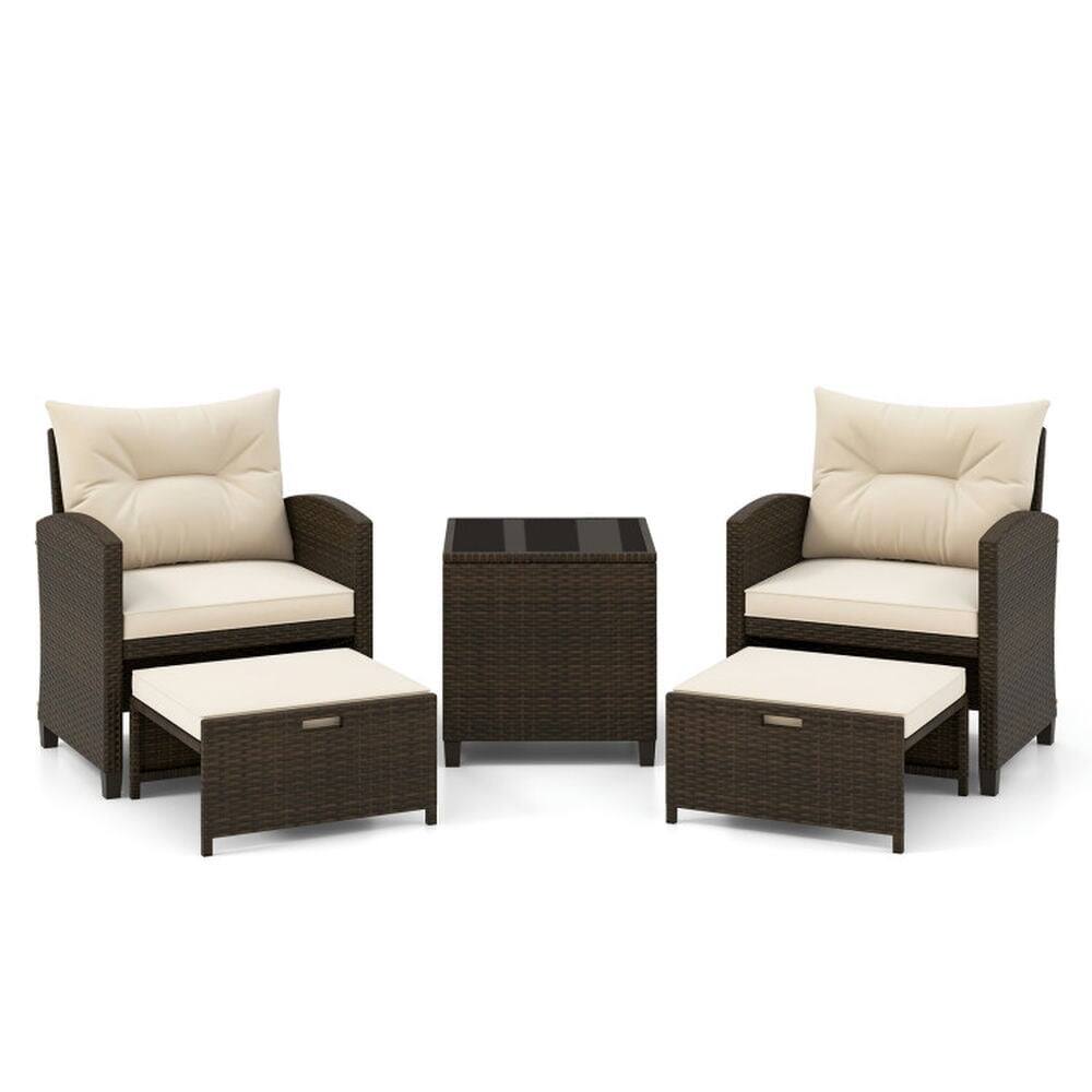 Back. Pefilos - 5-Piece Outdoor Wicker Set with Soft and Cozy Cushions, Furniture Set with 3-in-1 Multifunctional Ottomans and - White.