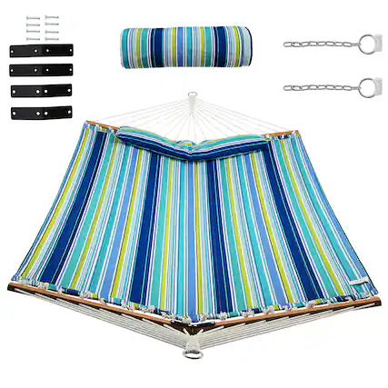 Front. Gymax - Gymax Patio Hammock Foldable Portable Swing Chair Bed Detachable Pillow Blue and Green - Blue, Green.