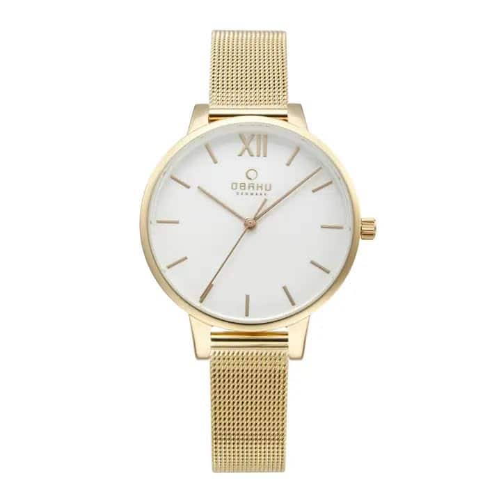 Obaku - Liv Women's Stainless Steel Analog Watch with White Dial and Indexes, IP Mesh Bracelet, Quartz Move - Gold