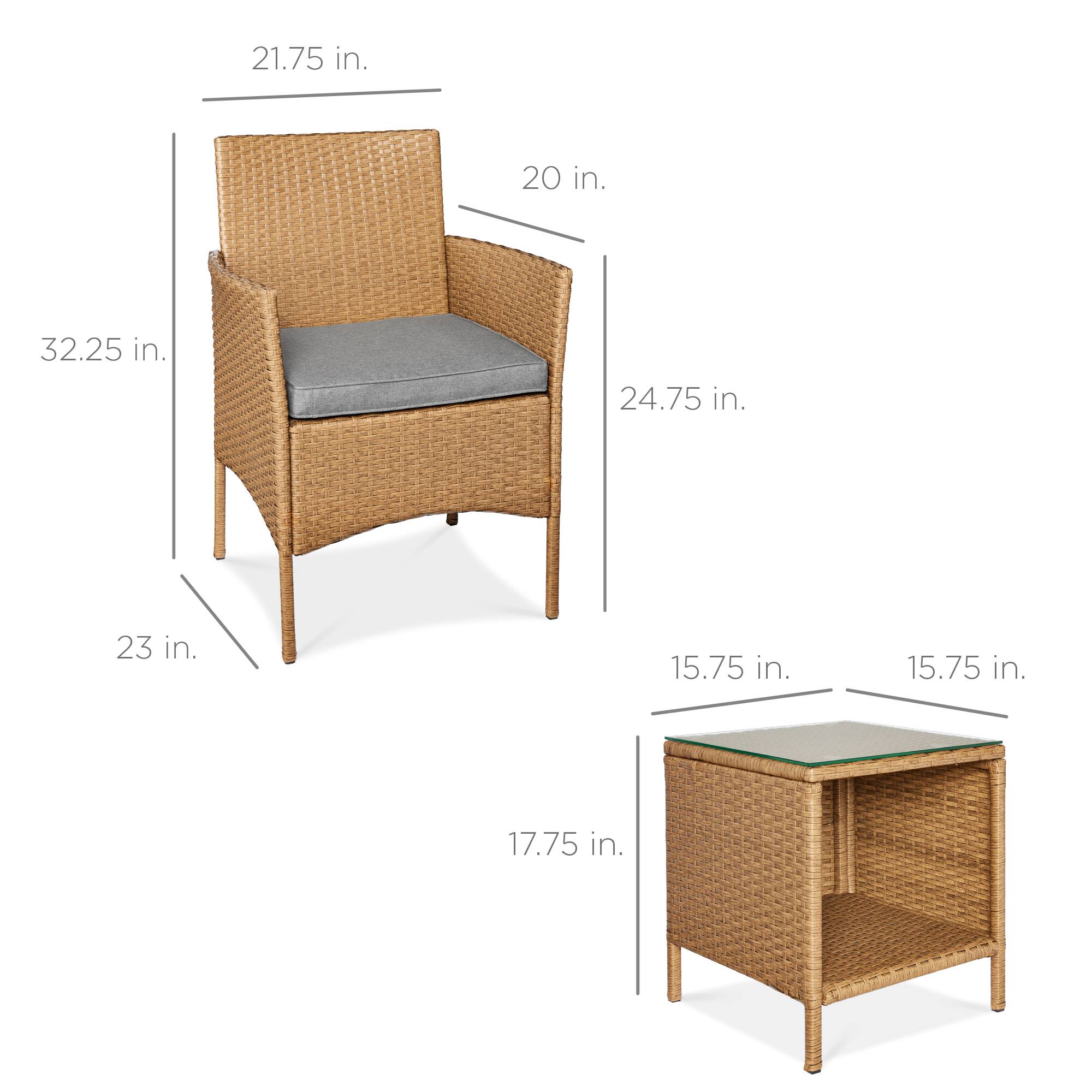 - Chair:
  - Height: 32.25 in.
  - Width: 21.75 in.
  - Depth: 24.75 in.
  - Seat Height: 17.75 in.
  - Armrest Height: 20 in.
  - Seat Depth: 23 in.

- Table:
  - Height: 15.75 in.
  - Width: 15.75 in.
  - Depth: 15.75 in.
