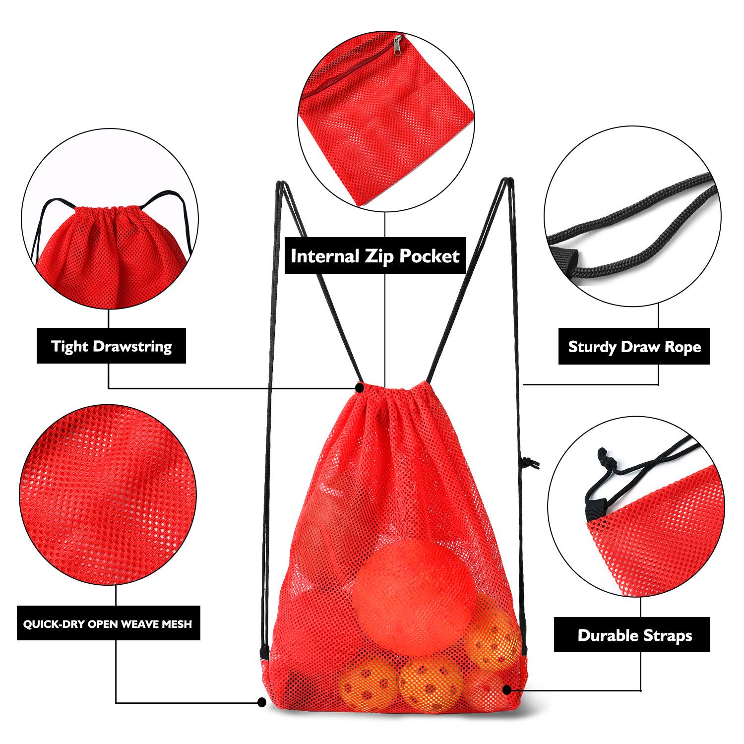 Internal Zip Pocket, Tight Drawstring, Sturdy Draw Rope, Quick-Dry Open Weave Mesh, Durable Straps