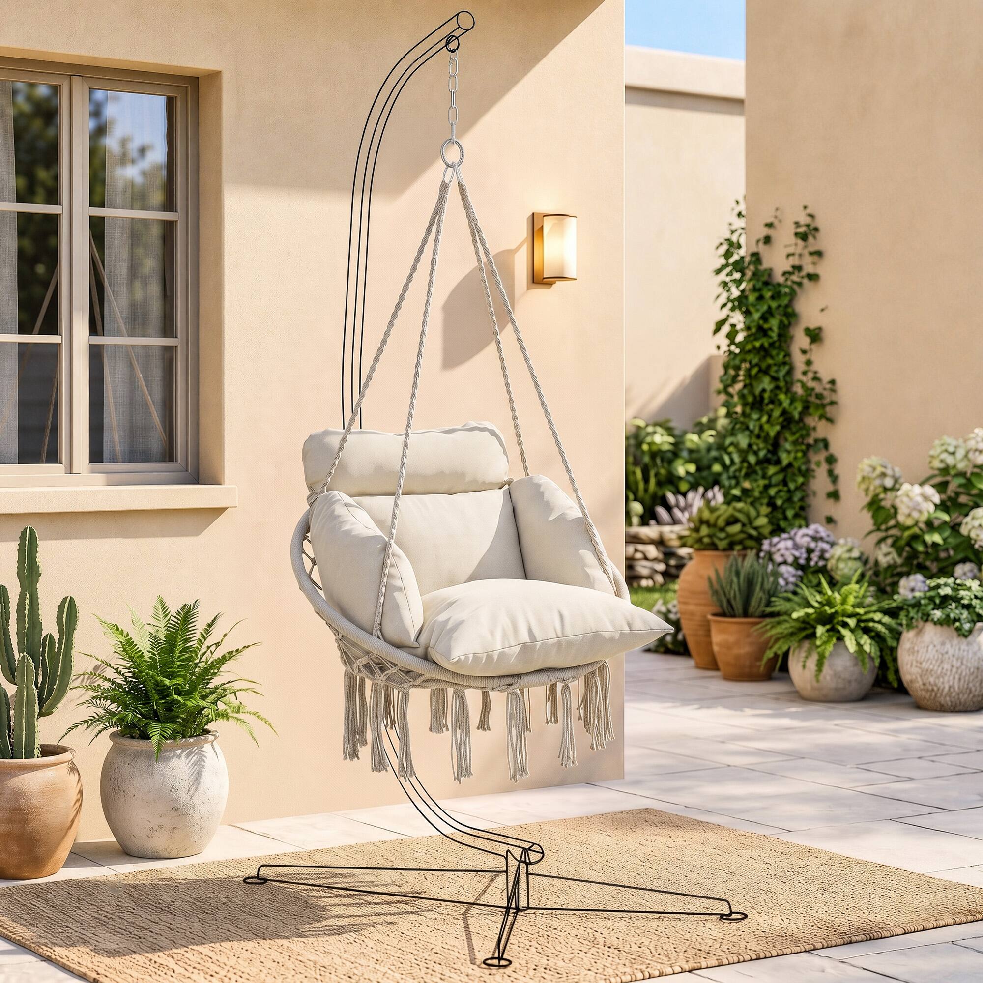 Alt View 7. Outsunny - Swing Chair, Macrame Hanging Chair with Large Cushion, Chain, Steel Frame for Indoor Outdoor Use - Cream White.
