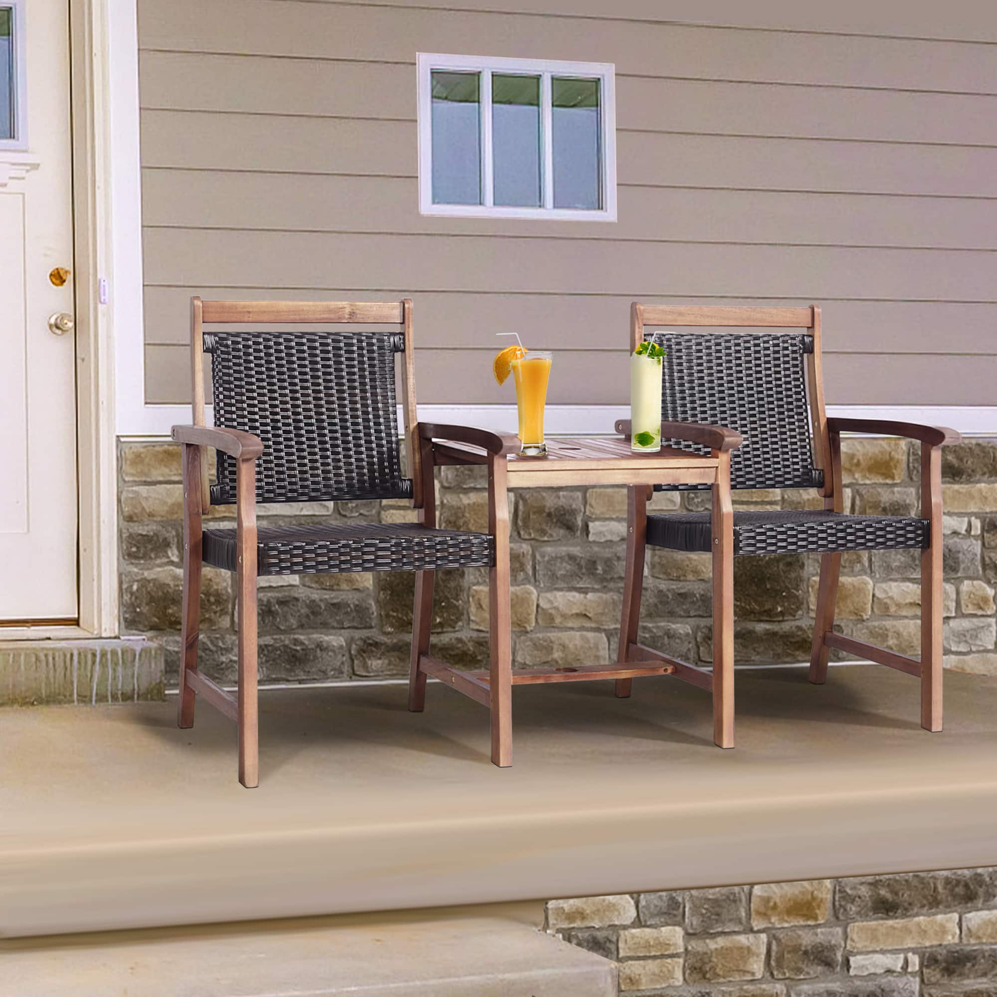 Gymax - Patio Acacia Wood Conversation Companion Bench Loveseat Chair with Side Table - Reddish Brown