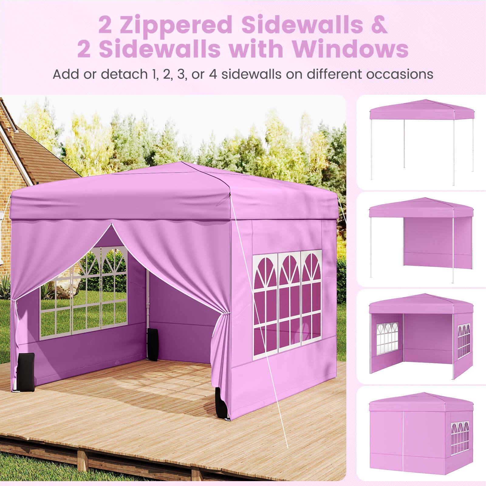 2 Zippered Sidewalls & 2 Sidewalls with Windows  
Add or detach 1, 2, 3, or 4 sidewalls on different occasions