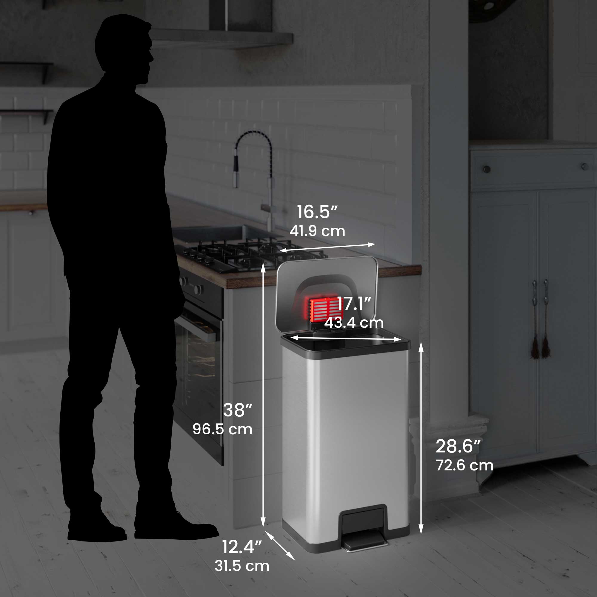 16.5" 41.9 cm  
17.1" 43.4 cm  
38" 96.5 cm  
28.6" 72.6 cm  
12.4" 31.5 cm