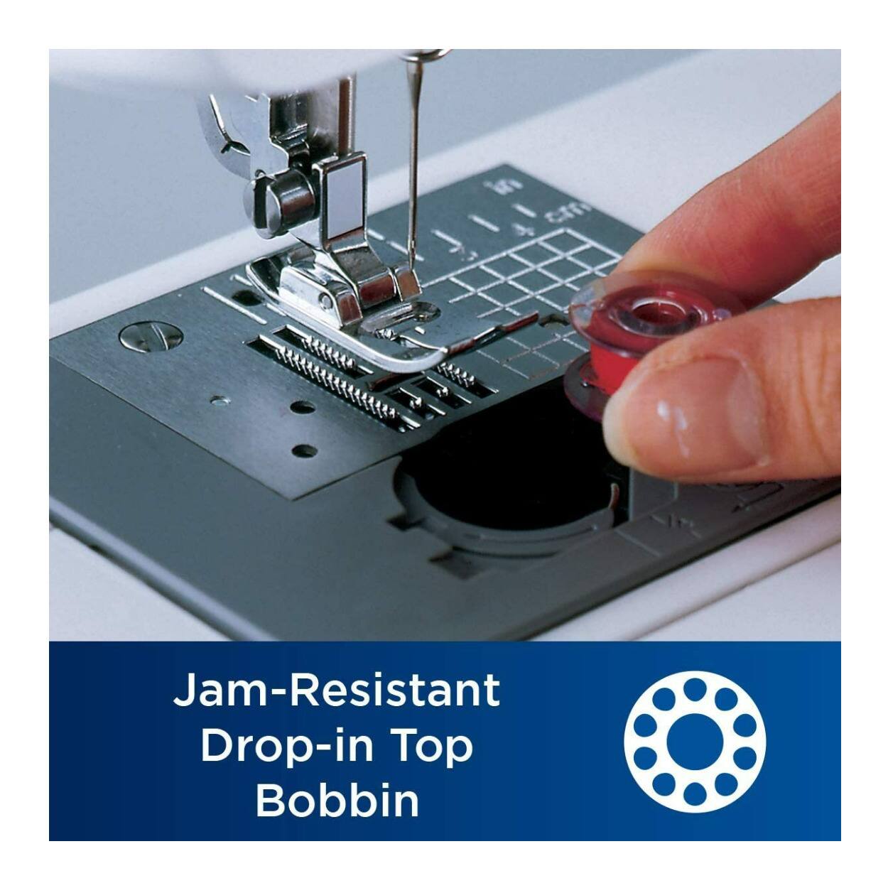 The corrected text is: "Jam-Resistant Drop-in Top Bobbin."