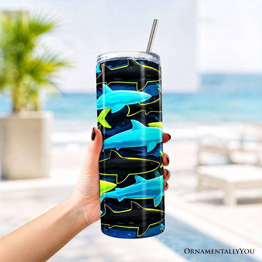 OrnamentallyYou Neon Shark Camo 20oz Tumbler With Lid and Stainless ...