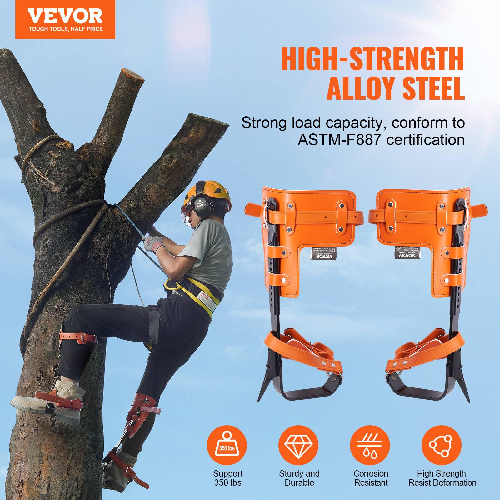 VEVOR TOUGH TOOLS. HALF PRICE

HIGH-STRENGTH ALLOY STEEL

Strong load capacity, conform to ASTM-F887 certification

Support 350 lbs

Sturdy and Durable

Corrosion Resistant

High Strength, Resist Deformation