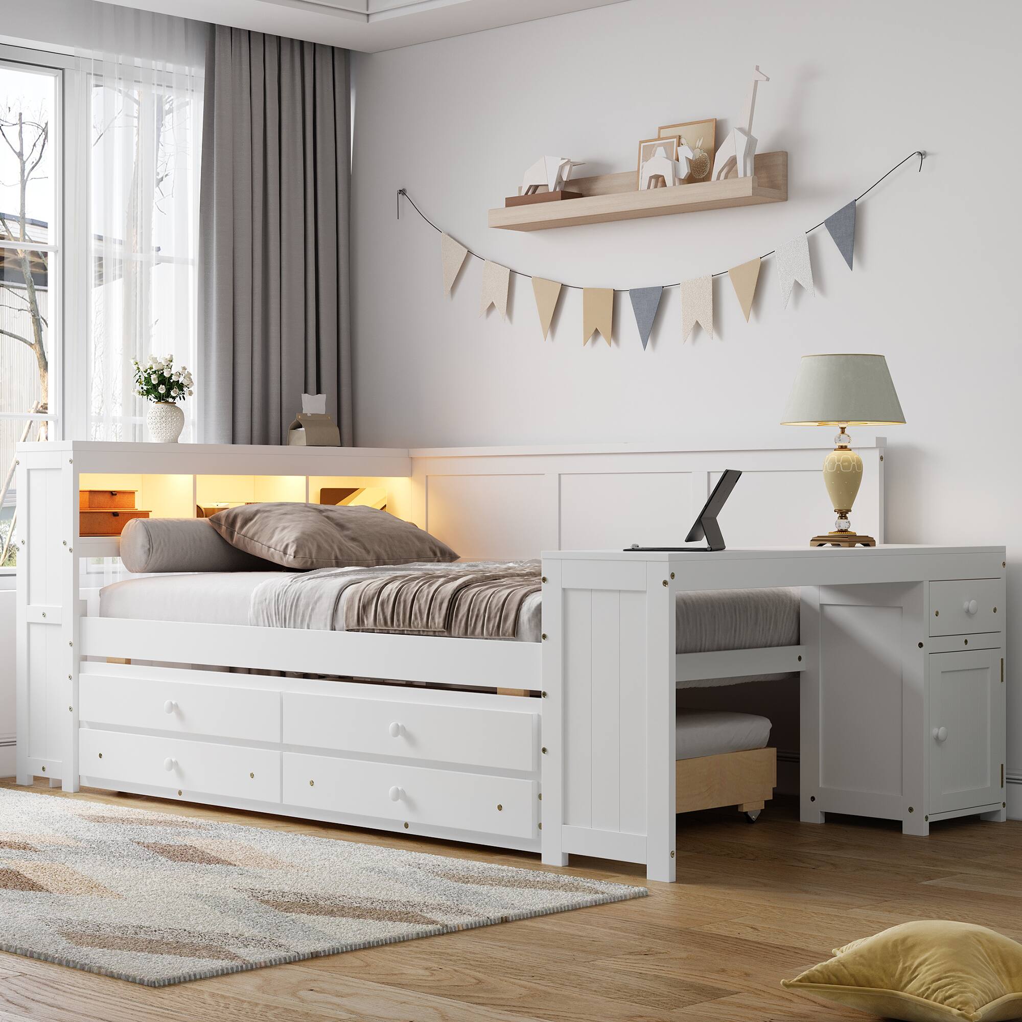Angle. Anysun - Full Size Space‑Saving Multifunctional Bed with Trundle, Charging Station & LED Light, Solid Pine Wood Construction - White.