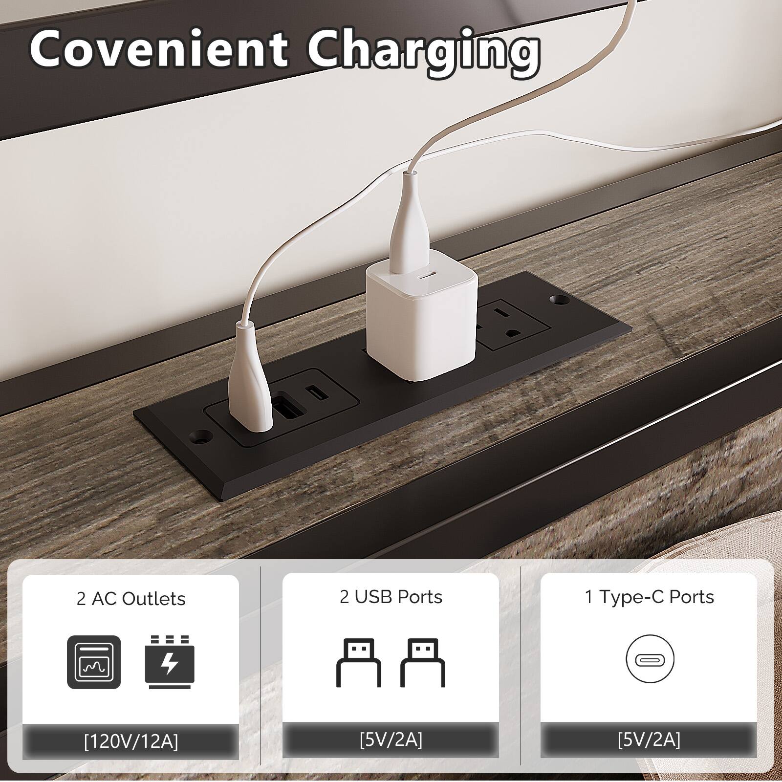 Convenient Charging

2 AC Outlets  
2 USB Ports  
1 Type-C Port  

[120V/12A]  
[5V/2A]  
[5V/2A]