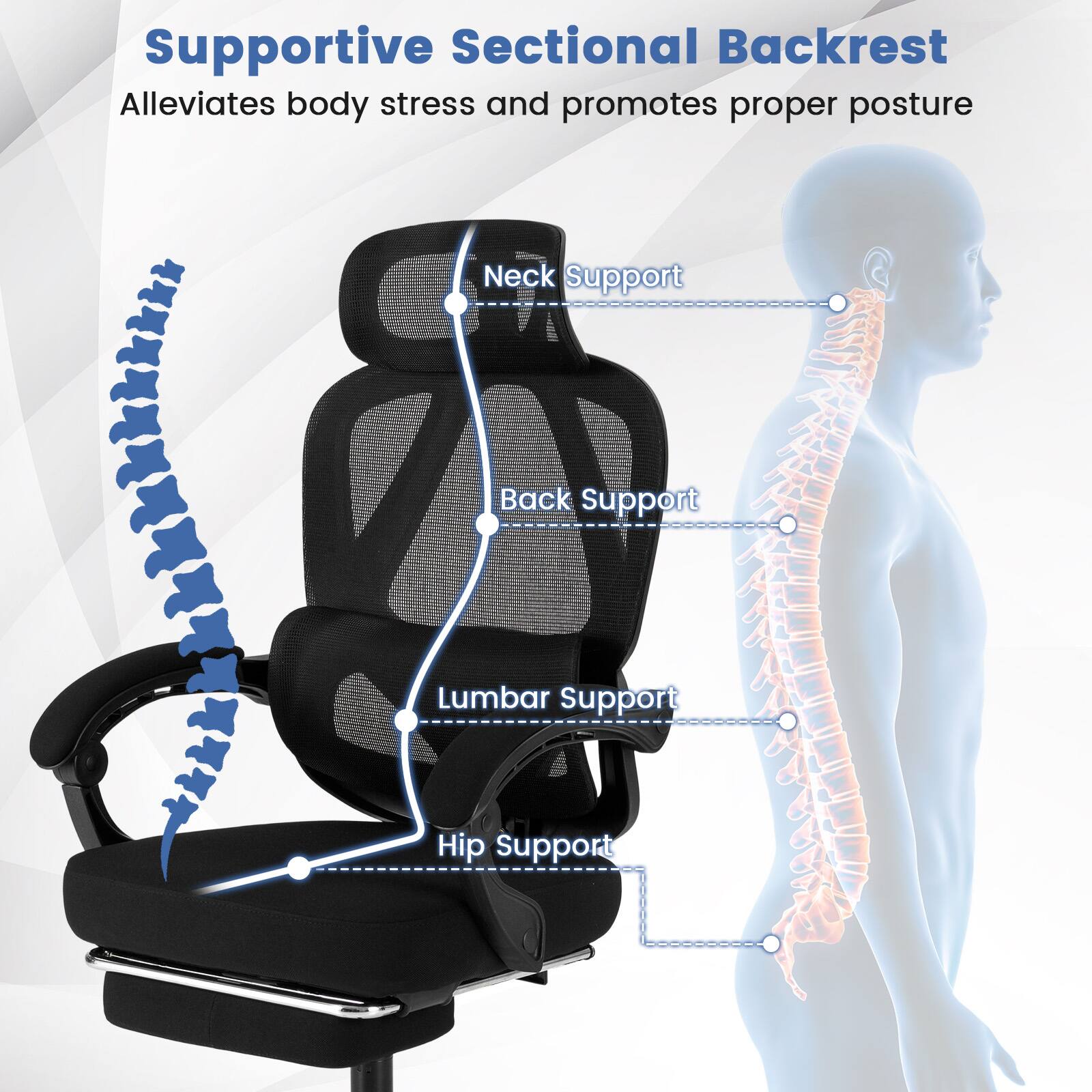Supportive Sectional Backrest  
Alleviates body stress and promotes proper posture

- Neck Support
- Back Support
- Lumbar Support
- Hip Support