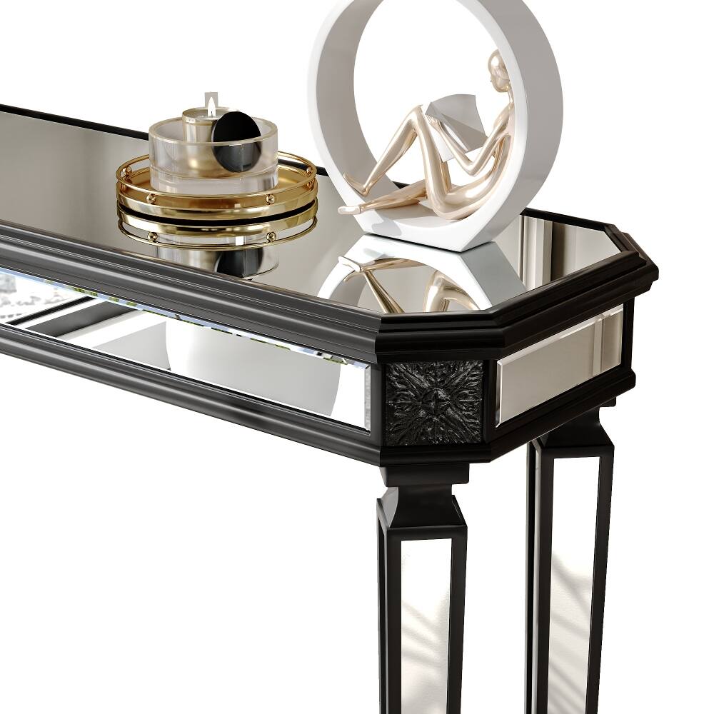 Alt View 4. Loheer - Loheer black mirrored console table with vintage wood carving 48 inch - Black.