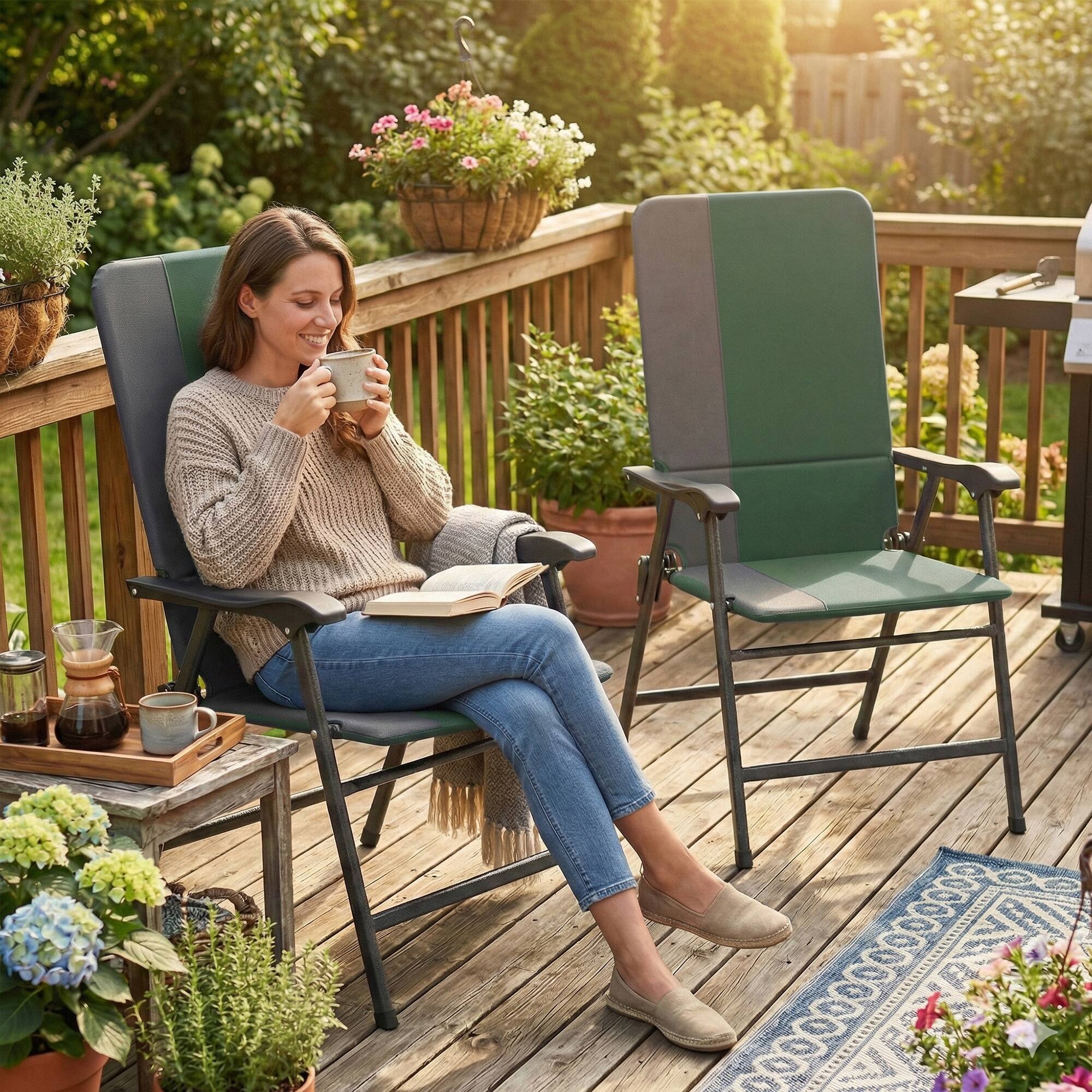Alt View 1. Outsunny - Patio Chairs Set of 2, Padded High Back Lawn Camping Chairs with Armrests, 600D Oxford Fabric - Dark Green.