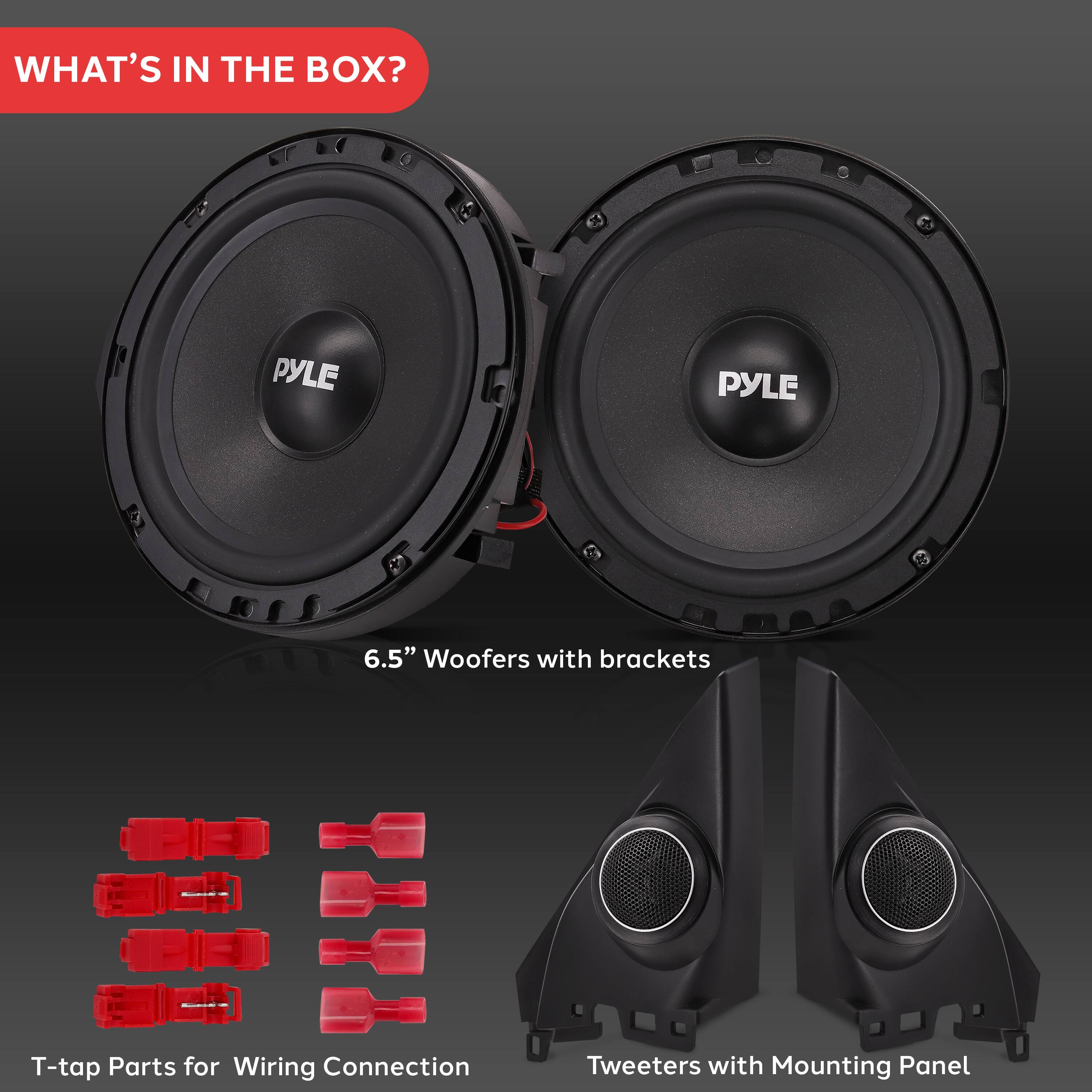 WHAT'S IN THE BOX? PYLE 6.5" Woofers with brackets T-tap Parts for Wiring Connection Tweeters with Mounting Panel