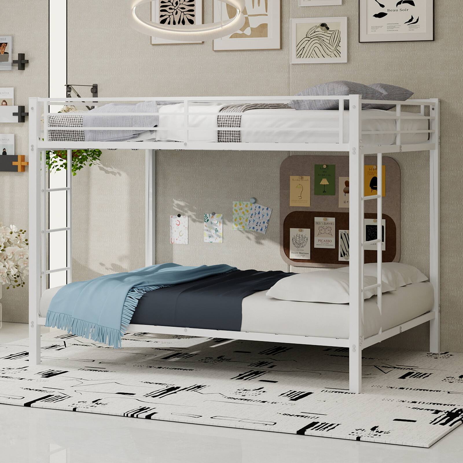 Loheer - Full Over Full Bunk Bed Metal Frame Heavy Duty Square Tube Iron Space Saving Bed - White