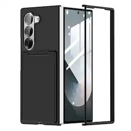 Dteck - Matte Case for Samsung Galaxy Z Fold5,Foldable Card Holder Kickstand,Shockproof Slim Hard Back Cover - Black