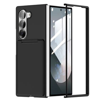 Front. Dteck - Matte Case for Samsung Galaxy Z Fold6,Foldable Card Holder Kickstand,Shockproof Slim Hard Back Cover - Black.