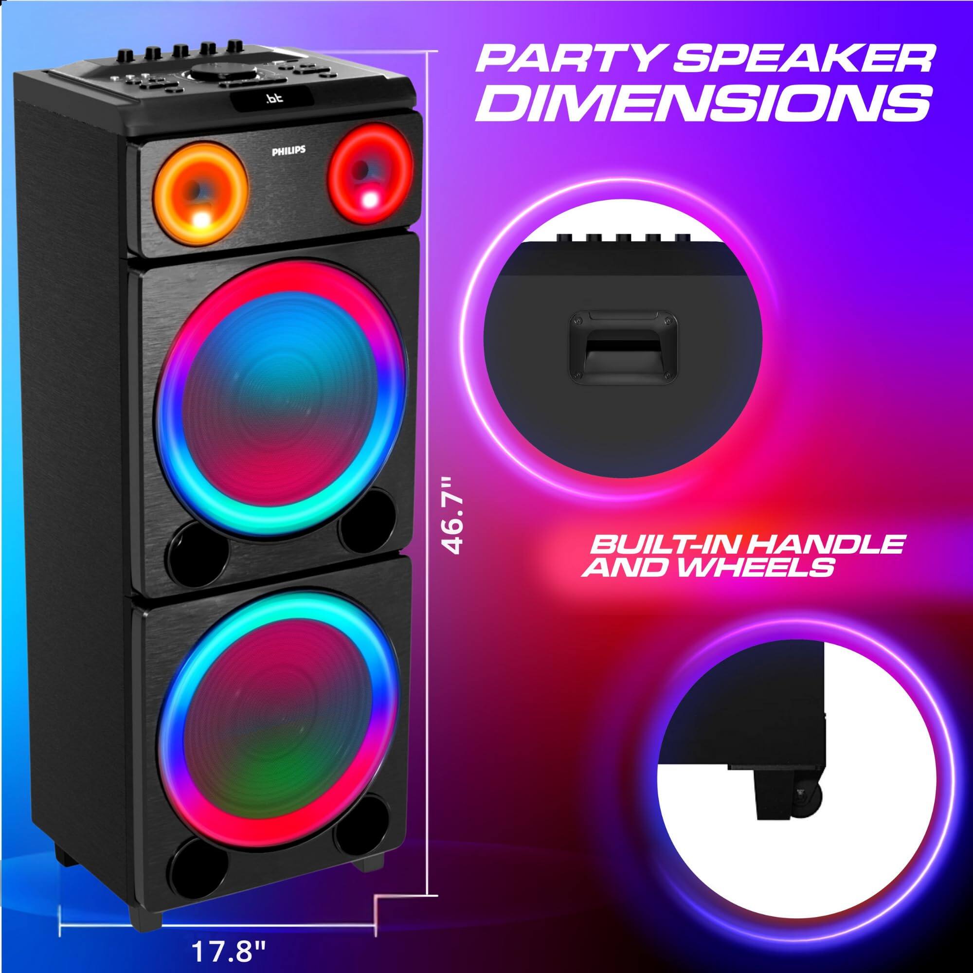 PHILIPS PARTY SPEAKER DIMENSIONS: 46.7" x 17.8"  
BUILT-IN HANDLE AND WHEELS