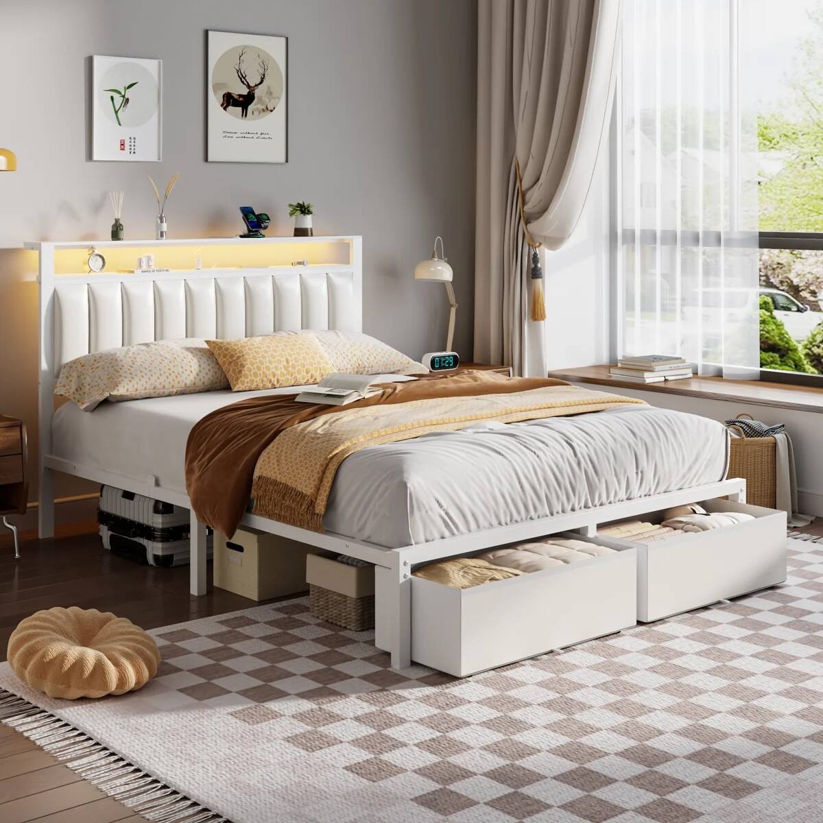 Alt View 9. Furnulem - Bed Frame with PU Upholstered Headboard 2 Drawers Charging Station and LED Lights 2 Tier Shelf No Box Spring Needed - White PU Leather.