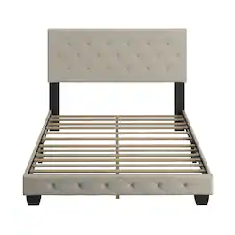 Boyd Sleep - Chloe Upholstered Platform Bed Frame, 14 Slat Wood Support System, King - Beige