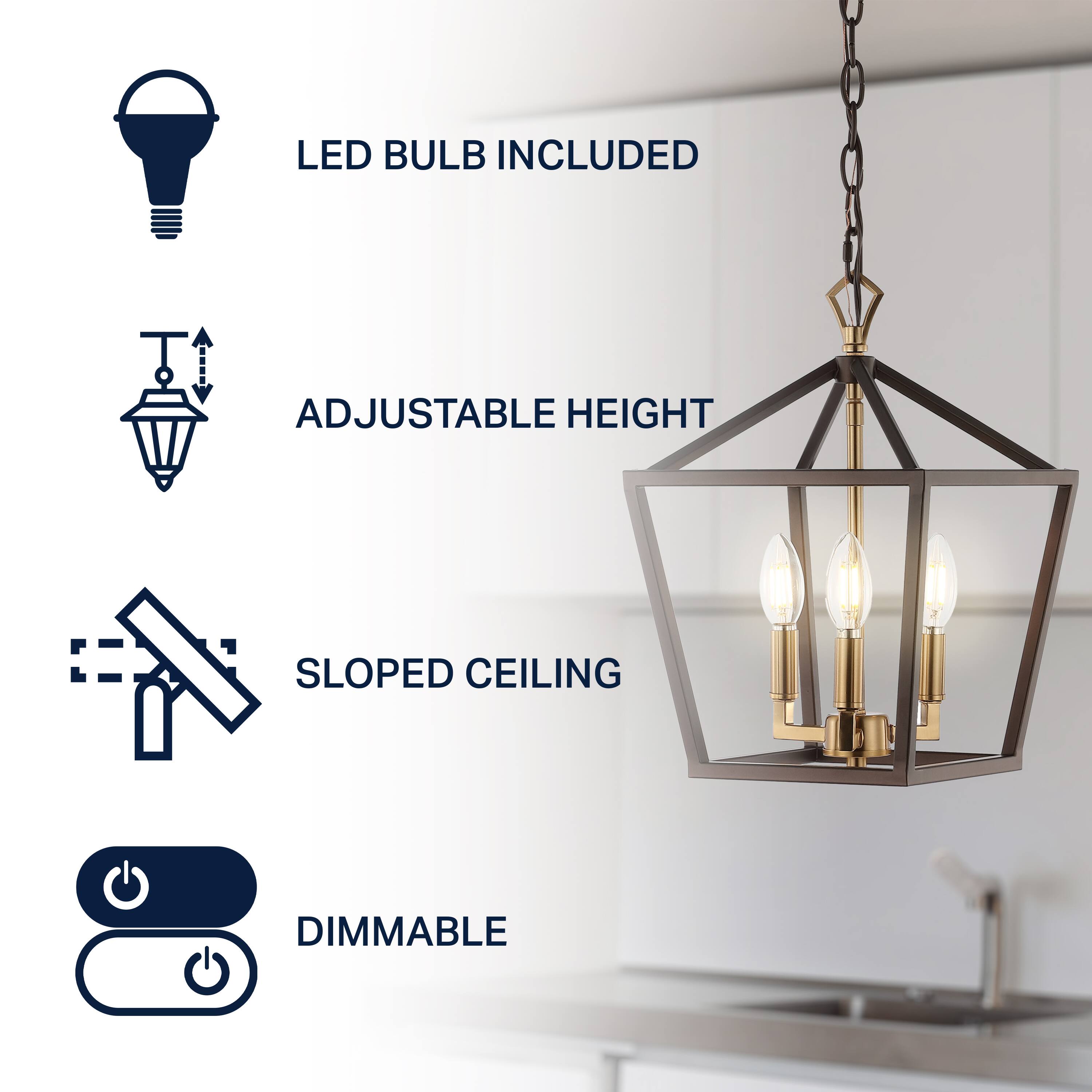 LED BULB INCLUDED  
ADJUSTABLE HEIGHT  
SLOPED CEILING  
DIMMABLE