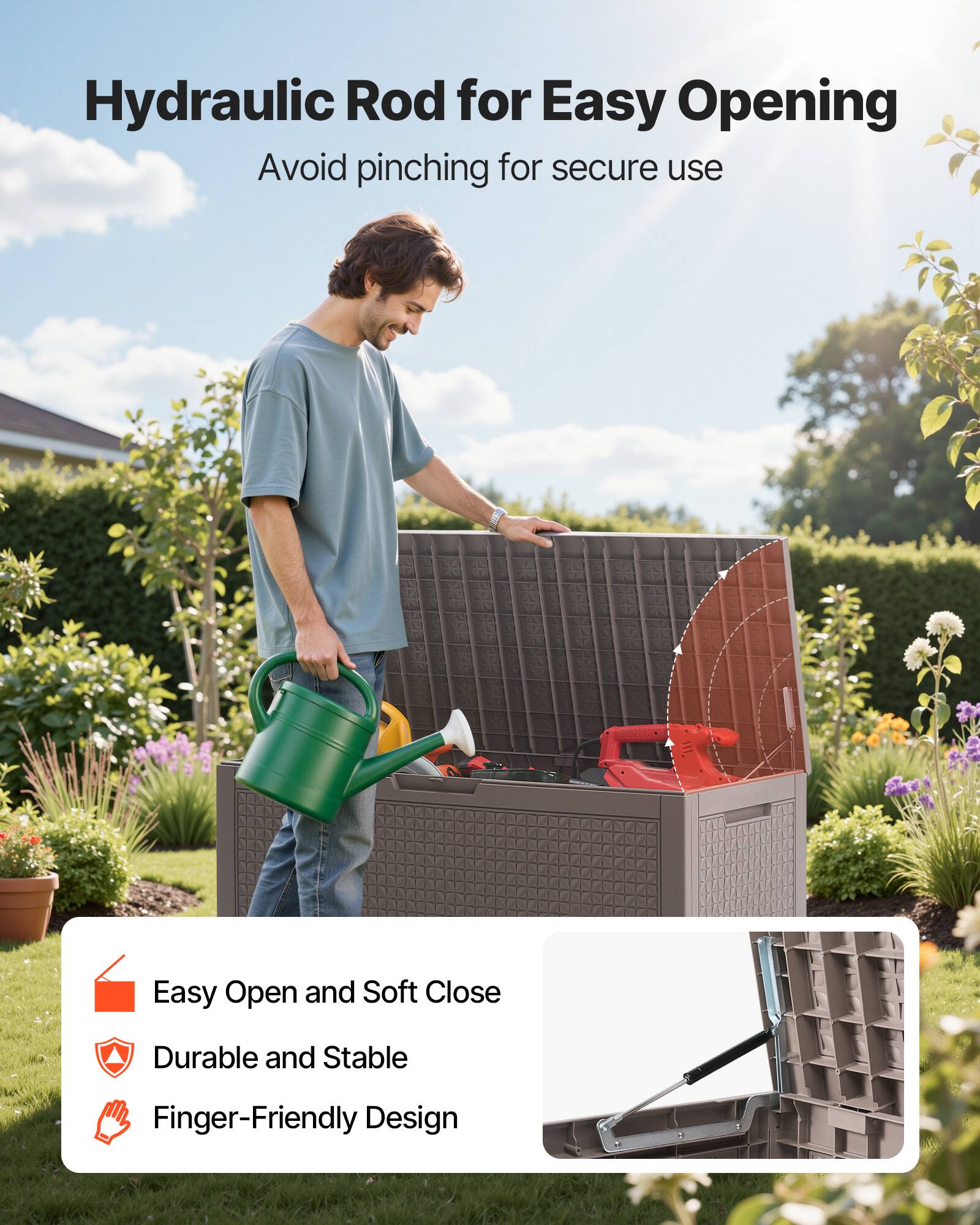 Hydraulic Rod for Easy Opening  
Avoid pinching for secure use  

- Easy Open and Soft Close  
- Durable and Stable  
- Finger-Friendly Design