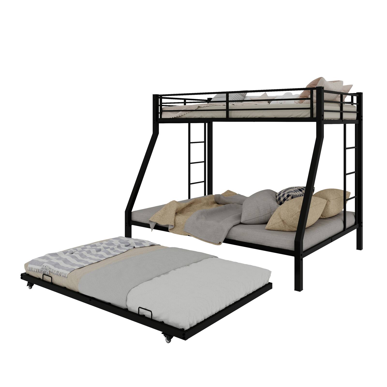 Alt View 7. Loheer - Loheer Metal Triple Bunk Bed Twin Over Full with Twin Trundle Black Steel Frame - Black.