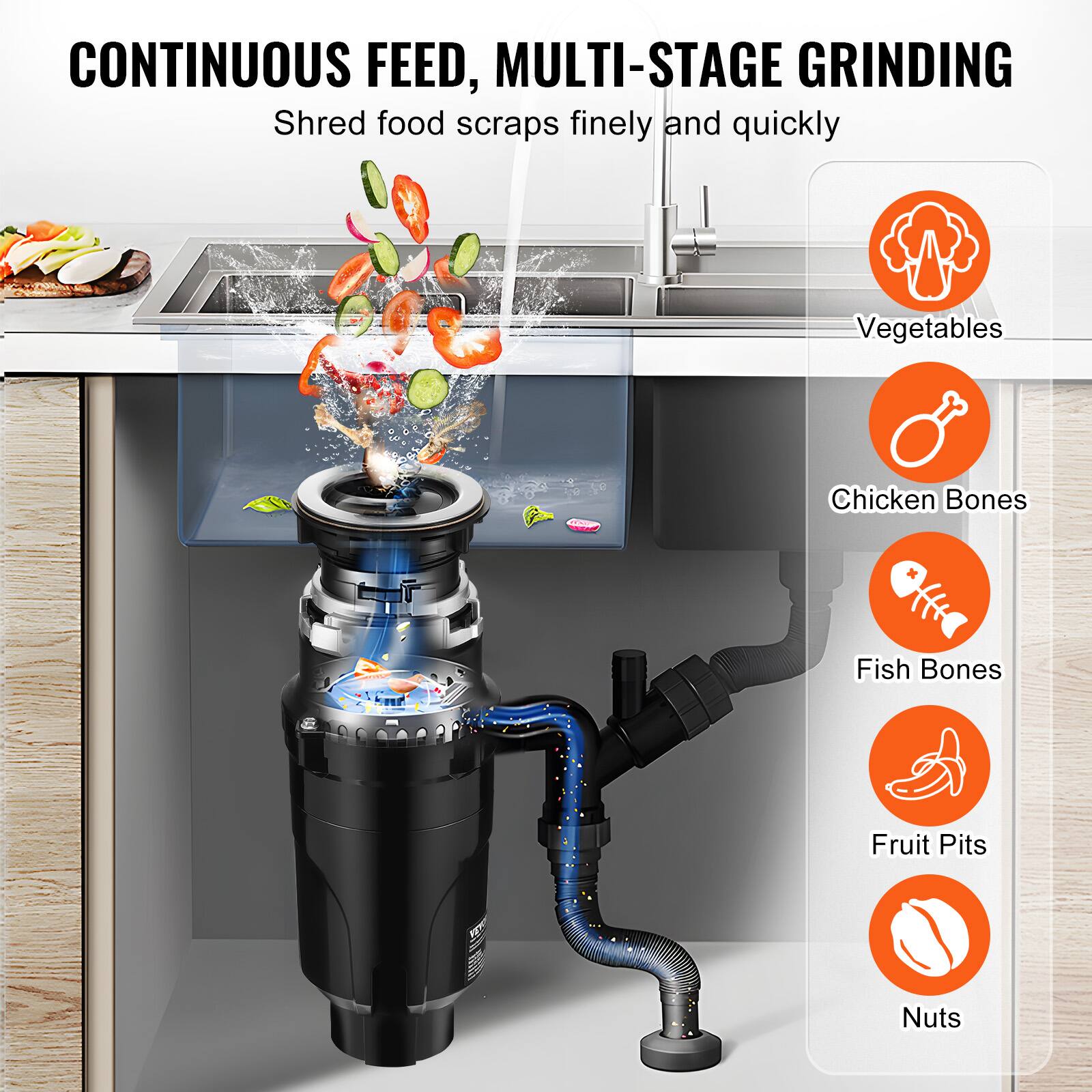CONTINUOUS FEED, MULTI-STAGE GRINDING  
Shred food scraps finely and quickly  
Vegetables  
Chicken Bones  
Fish Bones  
Fruit Pits  
Nuts