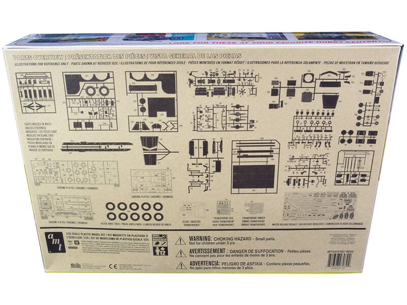 **Parts Overview / Présentation des pièces / Vista general de las piezas**

Illustrations for reference only - Parts shown at reduced size / Ilustraciones de referencia solamente - Piezas mostradas en tamaño reducido

**Parts molded in white unless otherwise indicated / Les pièces sont moulées en blanc sauf indication contraire / Piezas se muestran en blanco a menos que se indique lo contrario**

**Chrome plates / Plaques chromées / Placas cromadas**

**Transparent red / Rouge transparent / Rojo transparente**

**Transparent amber / Jaune transparent / Amarillo transparente**

**Transparent green / Vert transparent / Verde transparente**

**Transparent blue / Bleu transparent / Azul transparente**

**Transparent clear / Clair / Transparente**

**1/25 scale plastic model kit / Kit maquette en plastique à l'échelle 1/25 / Kit de modelo de plástico a escala 1/25**

**Warning: Choking hazard - Small parts. Not for children under 3 yrs. / Avertissement: Danger de suffocation - Petites pièces. Ne convient pas pour les enfants de moins de 3 ans. / Advert