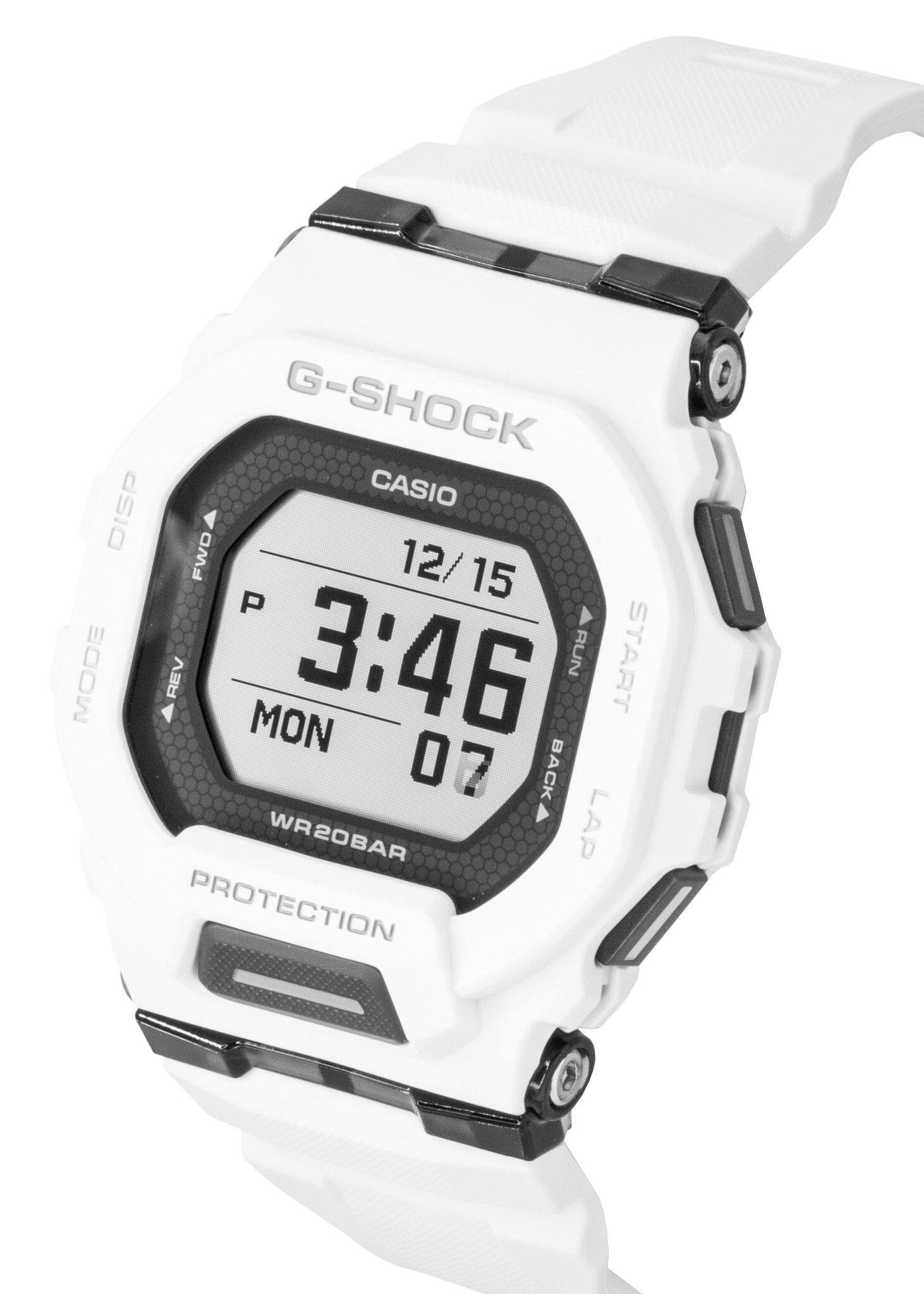 G-SHOCK CASIO DISP FWD 12/15 15 P MODE REV 3:46 RUN START MON 07 BACK WR20BAR LAP PROTECTION