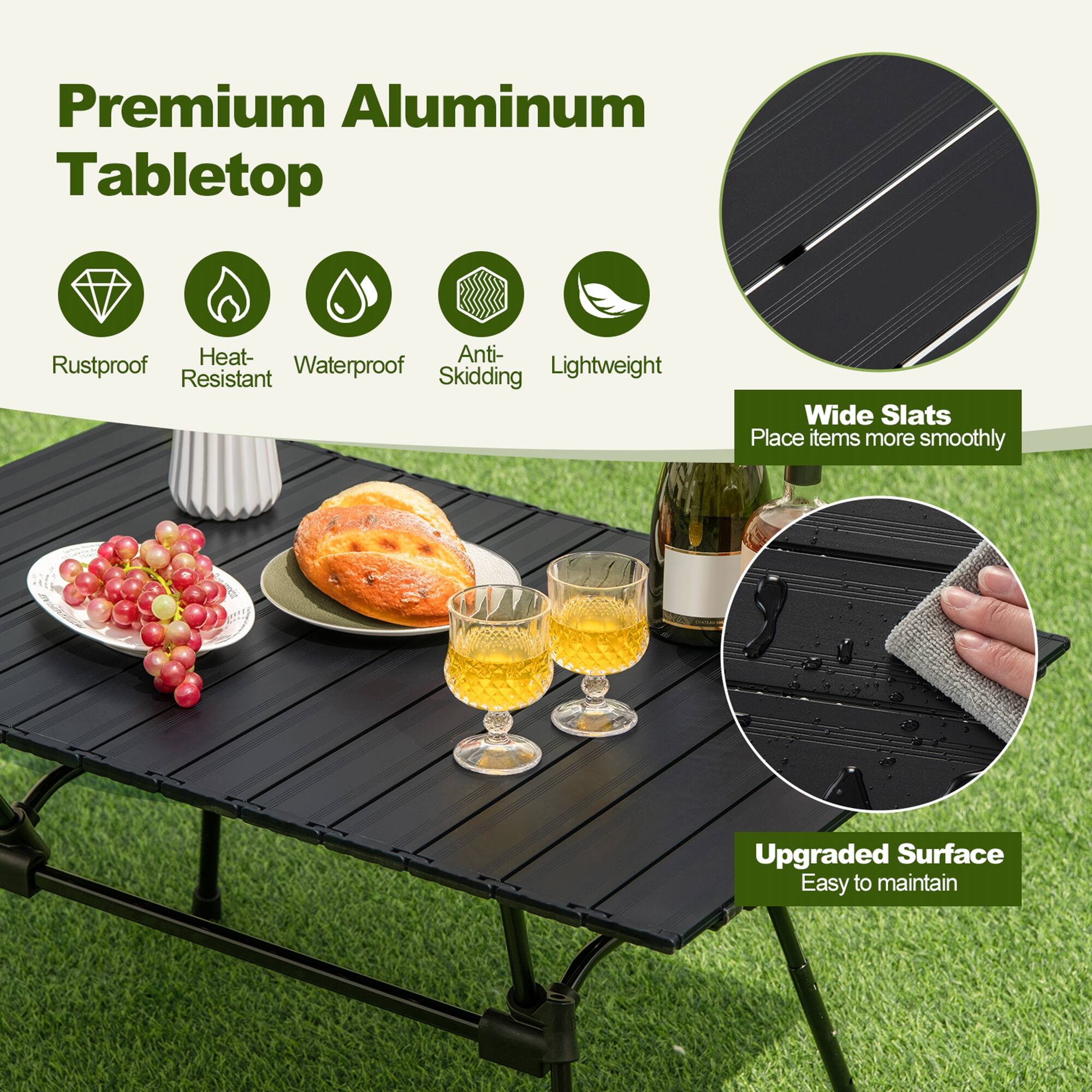 Premium Aluminum Tabletop - Heat-resistant, anti-rustproof, waterproof, skidding-resistant, lightweight, wide slats, easy to maintain.