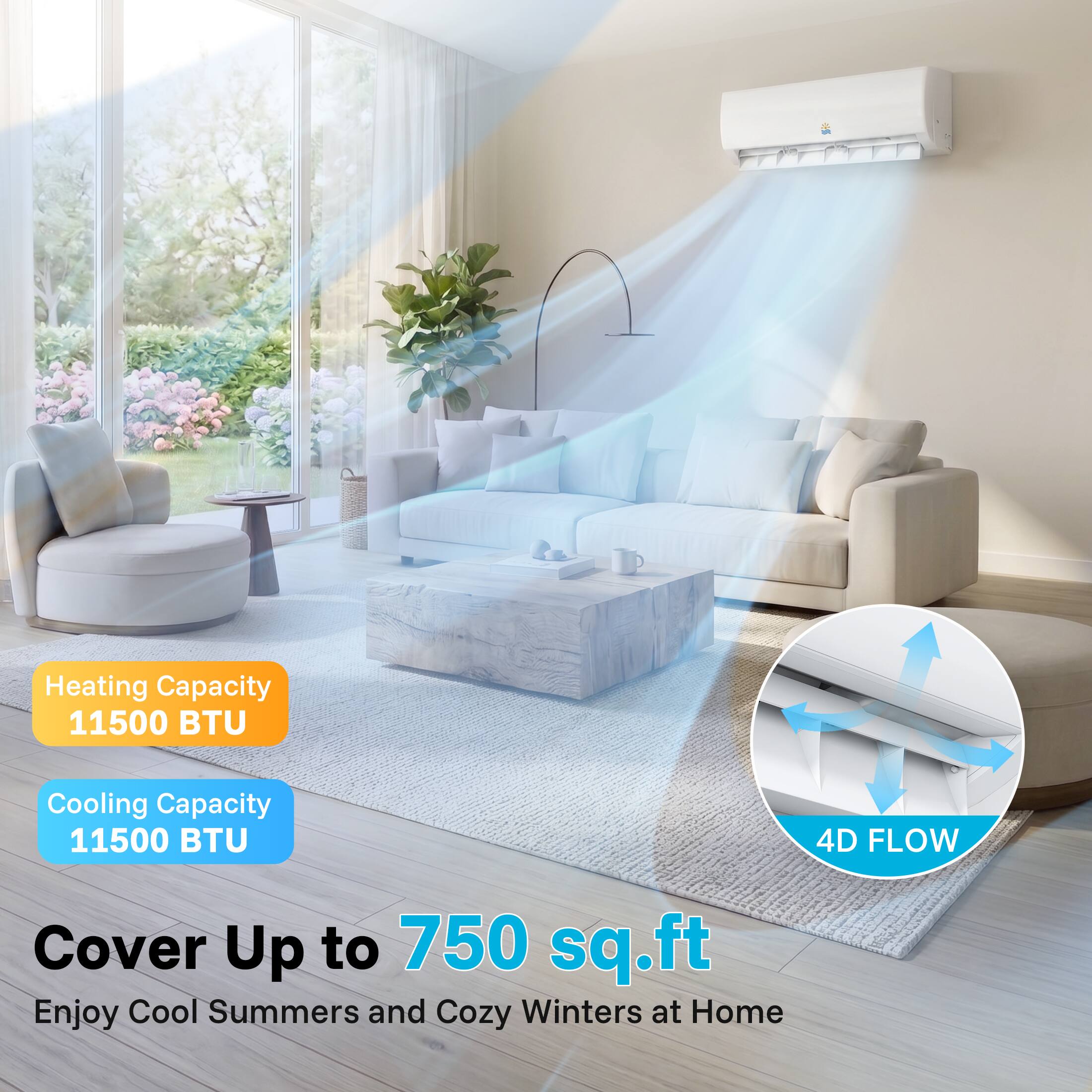 Heating Capacity: 11500 BTU  
Cooling Capacity: 11500 BTU  
4D FLOW  
Cover Up to 750 sq.ft  
Enjoy Cool Summers and Cozy Winters at Home