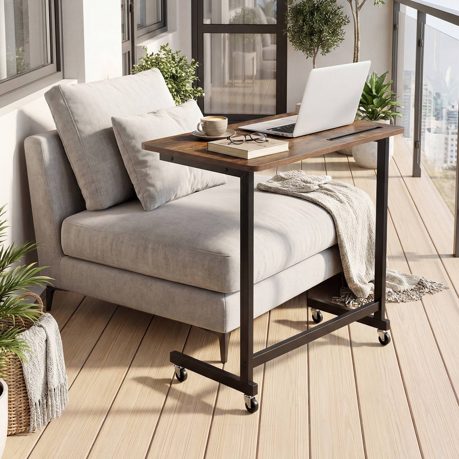 Alt View 5. Gymax - Gymax C-Shaped Rolling Side Table w/ Wheels & Tablet SlotMetal FrameRustic Brown - Brown.